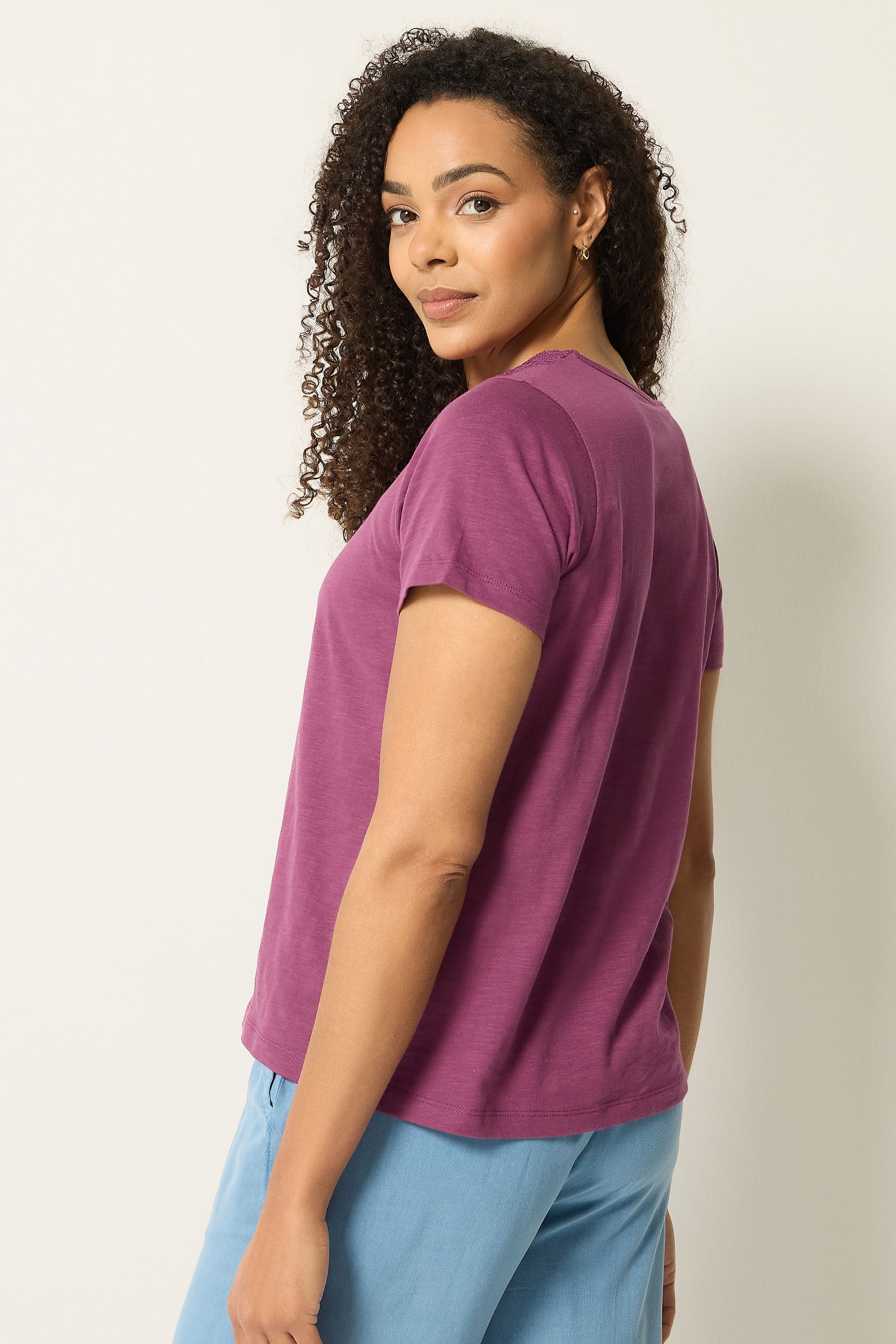 M&Co Berry Purple Lace Trim V-Neck Cotton T-Shirt | M&Co 2