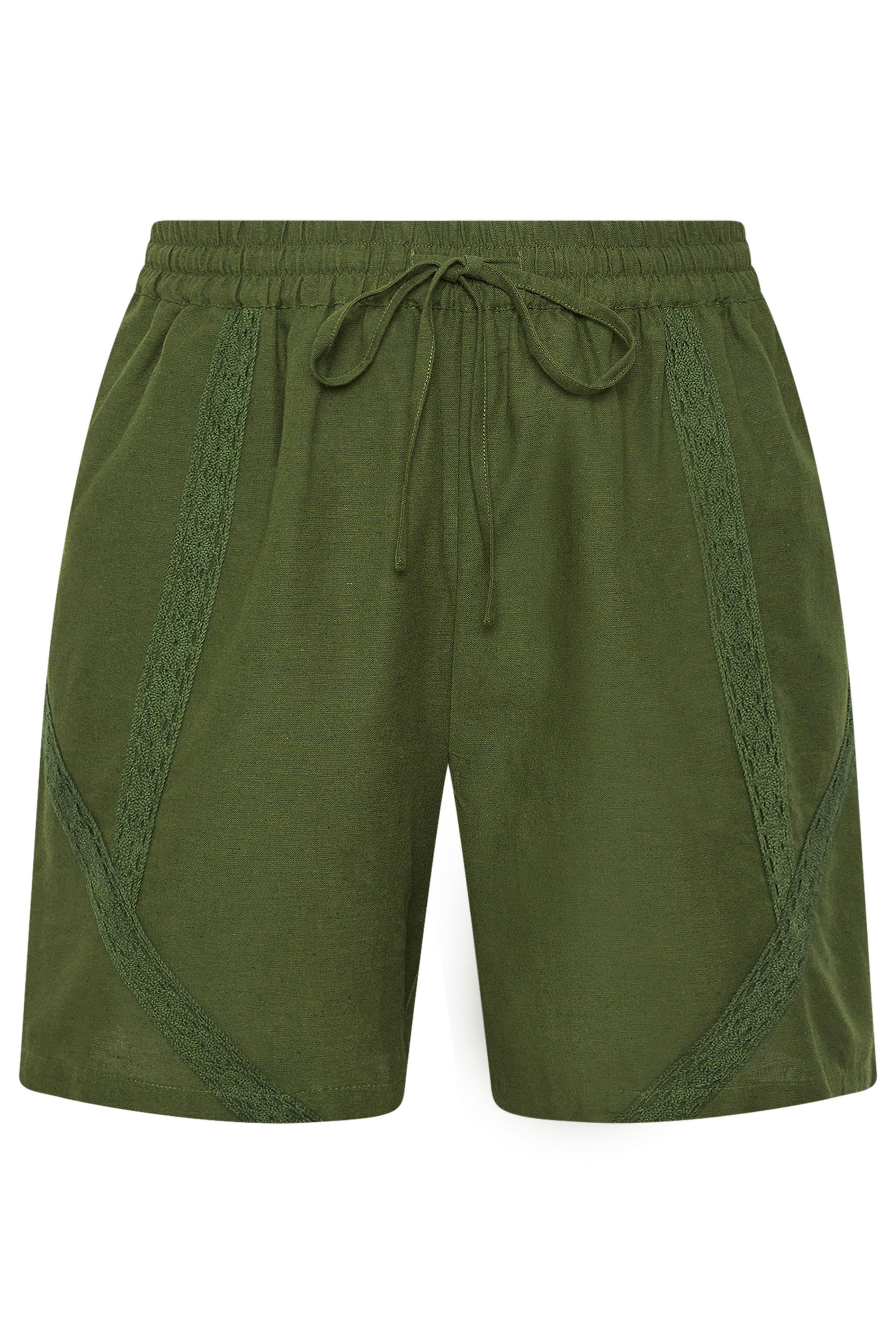 YOURS Plus Size Khaki Green Crochet Drawstring Shorts | Yours Clothing 5