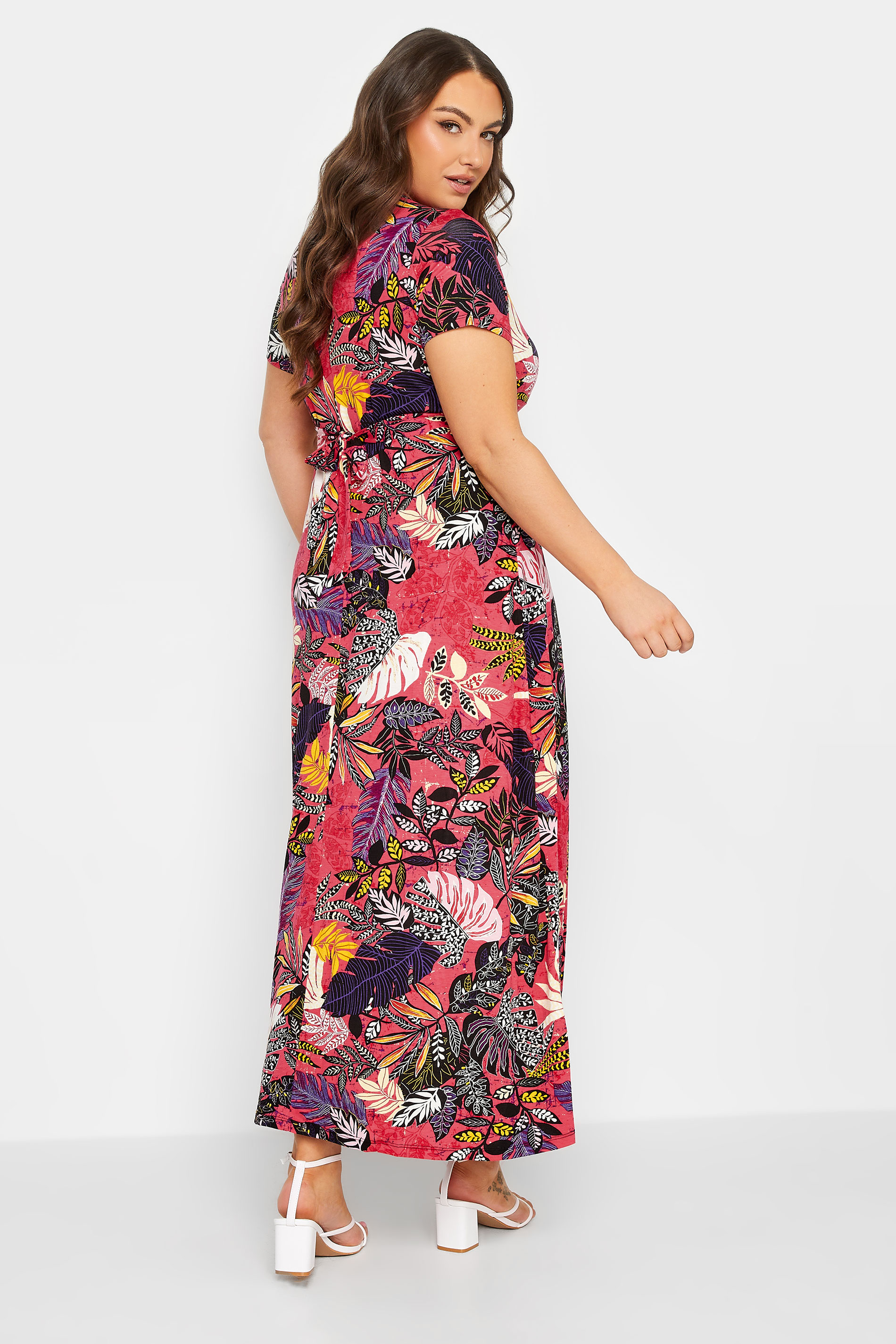 YOURS Curve Plus Size Hot Pink Leaf Print Wrap Maxi Dress | Yours Clothing