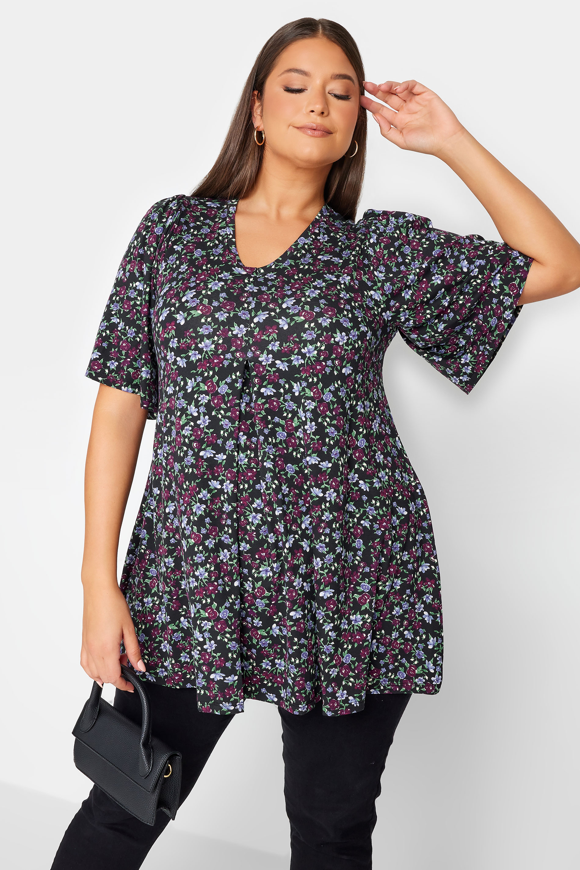 YOURS Plus Size Purple Floral Print Pleated Swing Top | Yours Clothing 1