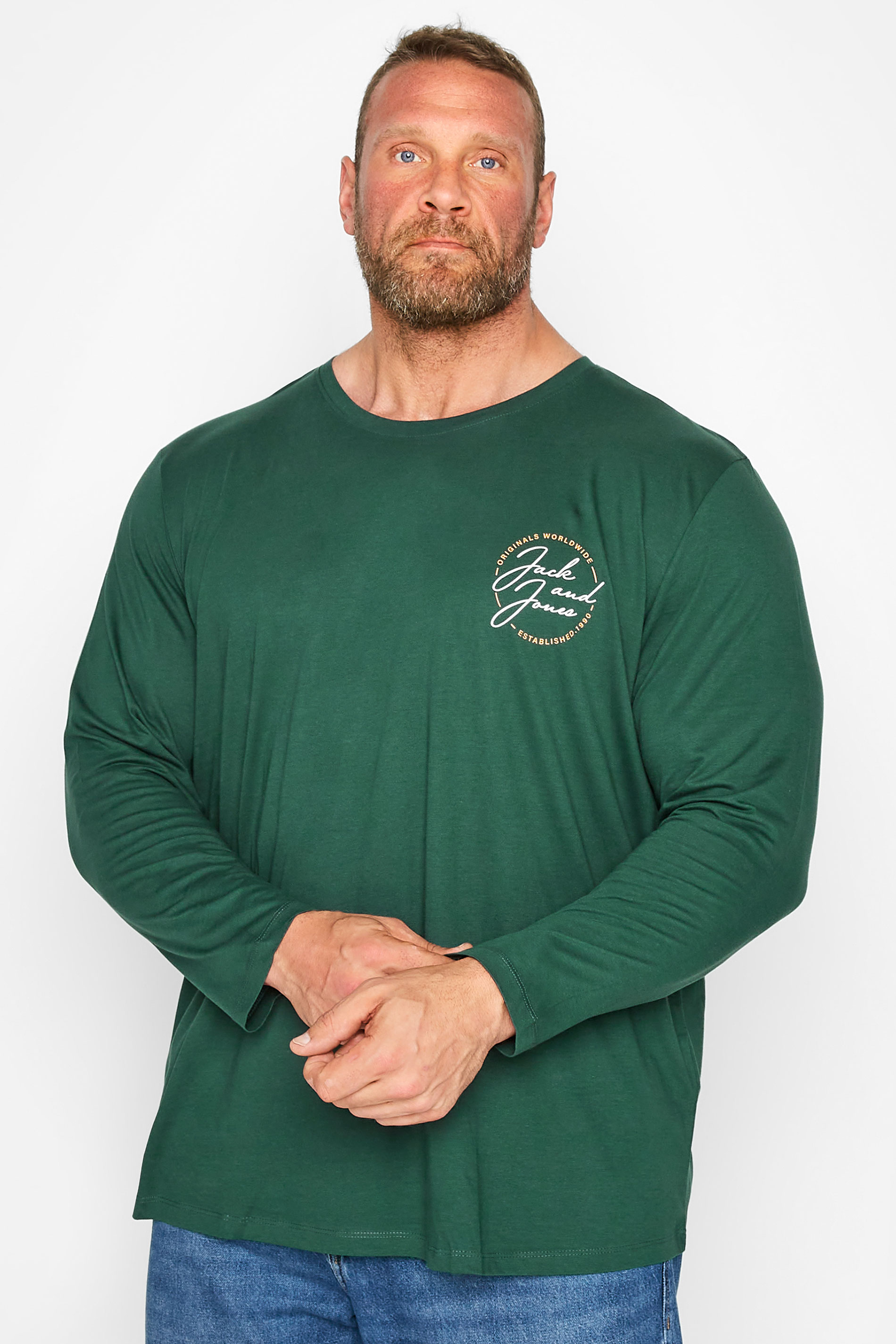 JACK & JONES Big & Tall Green Long Sleeve Printed Logo T-Shirt 1