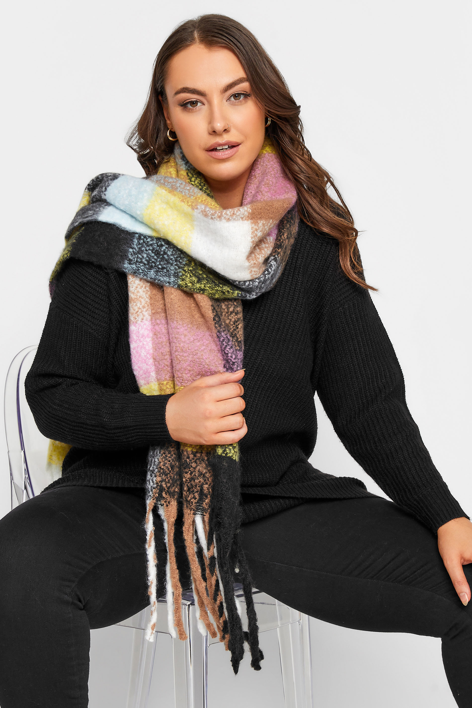 Brown & Pink Check Print Super Soft Scarf | Yours Clothing 1