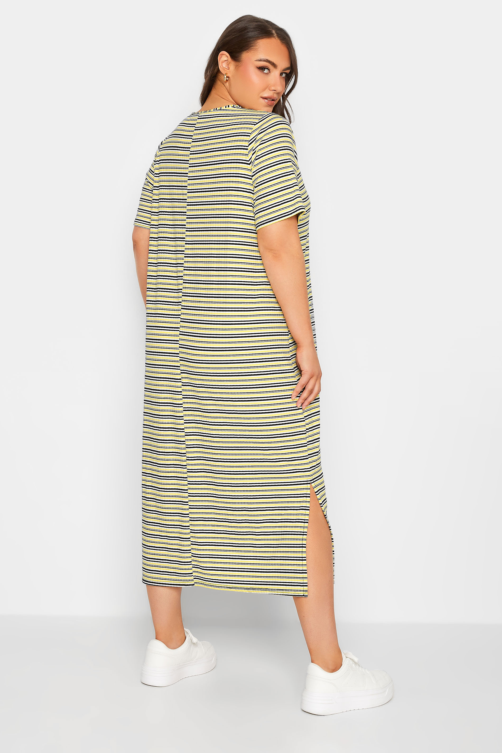 YOURS Plus Size Yellow Stripe Maxi T-Shirt Dress | Yours Clothing 3
