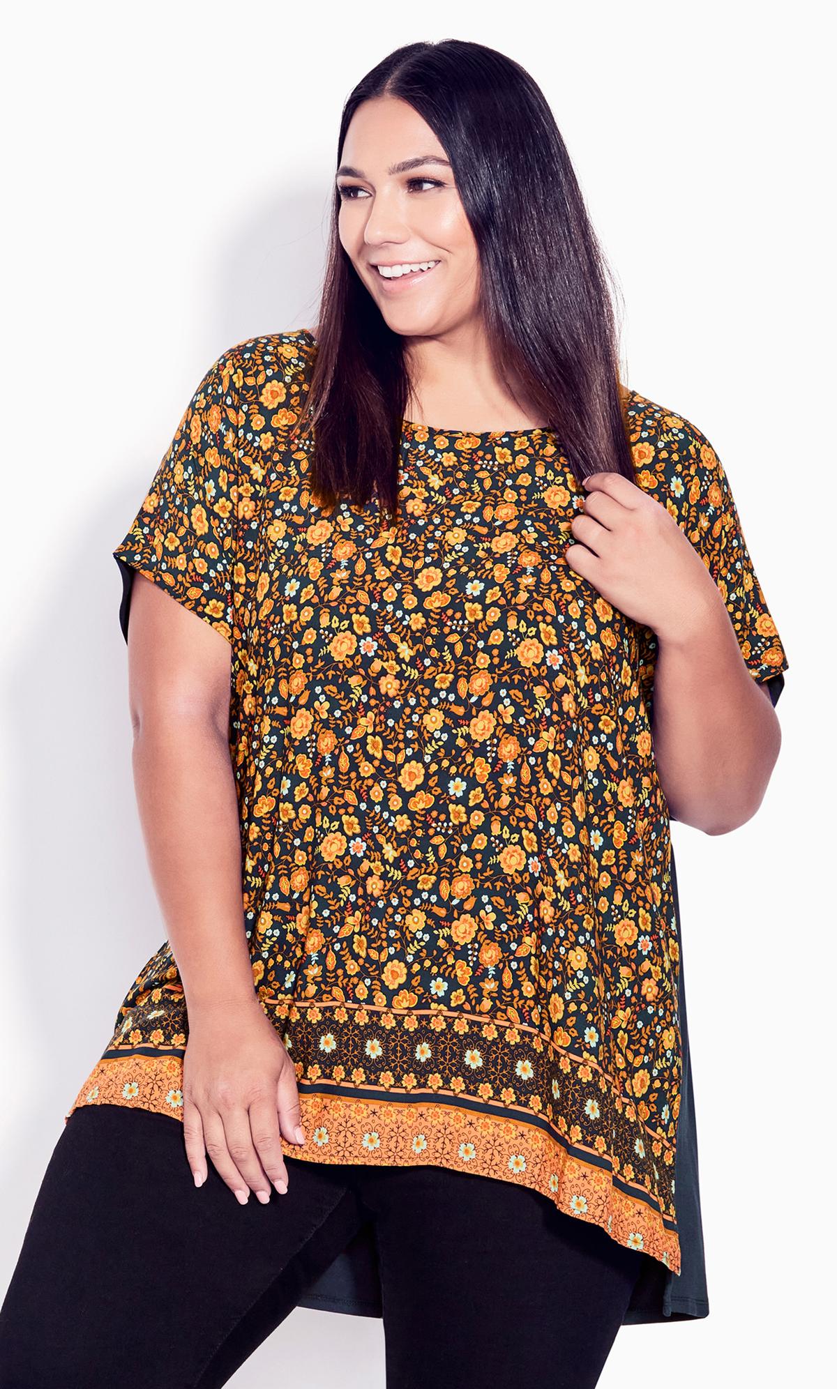 Evans Gold Abstract Print Dipped Hem Top 2