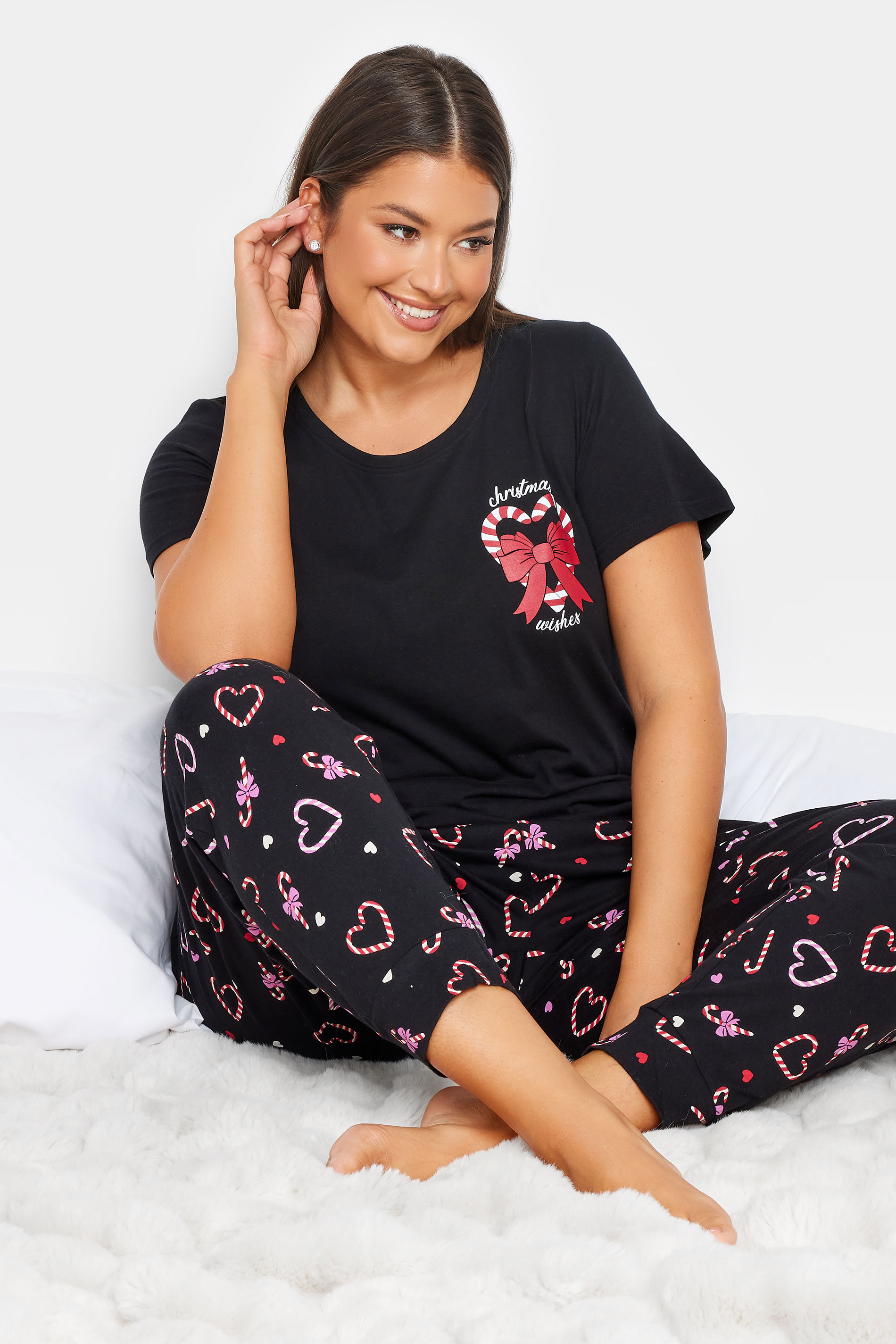 YOURS Plus Size Black 'Christmas Wishes' Candy Cane Pyjama Set | Yours Clothing 2