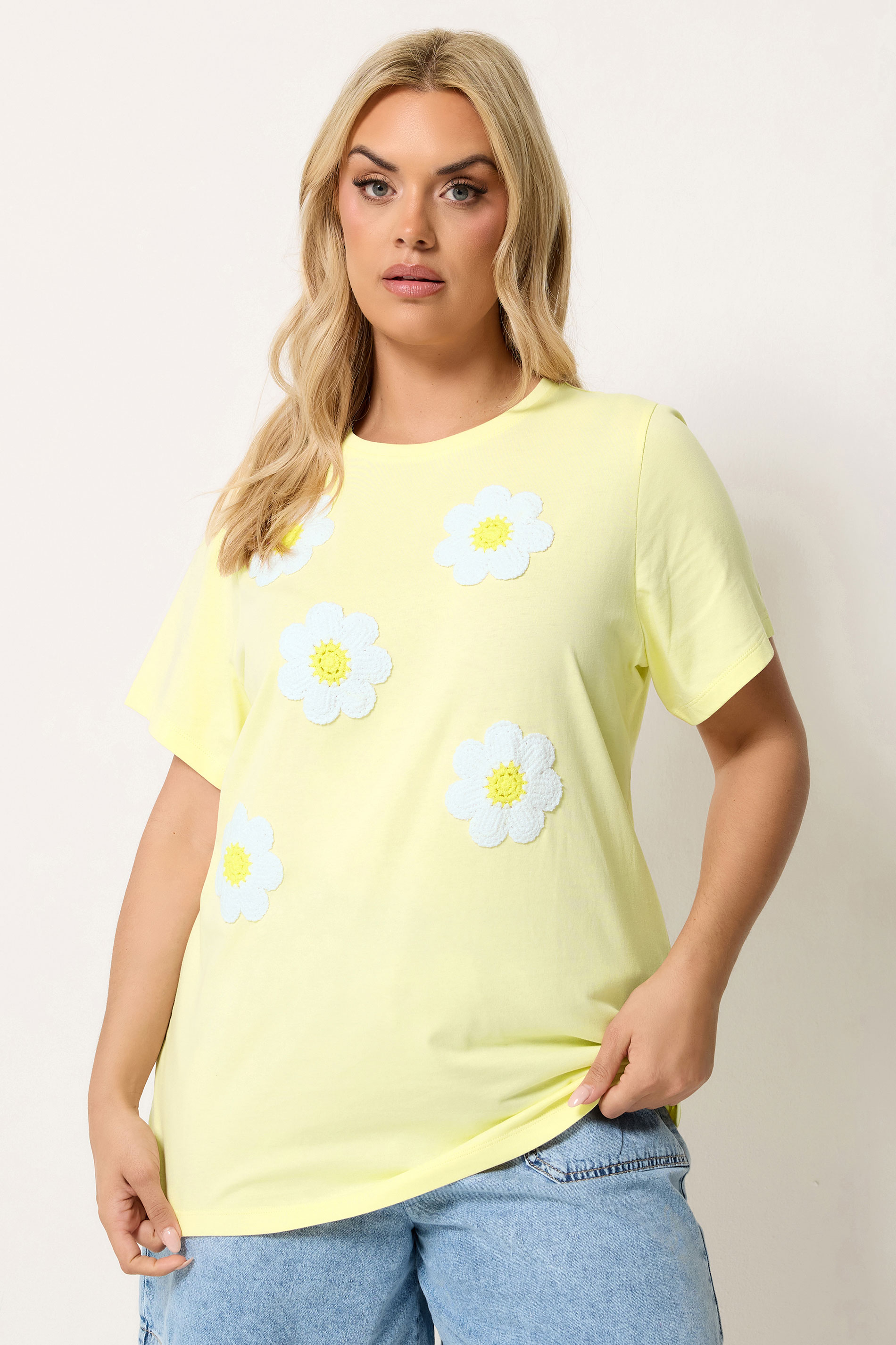 YOURS Plus Size Yellow Daisy Applique T-Shirt | Yours Clothing 3