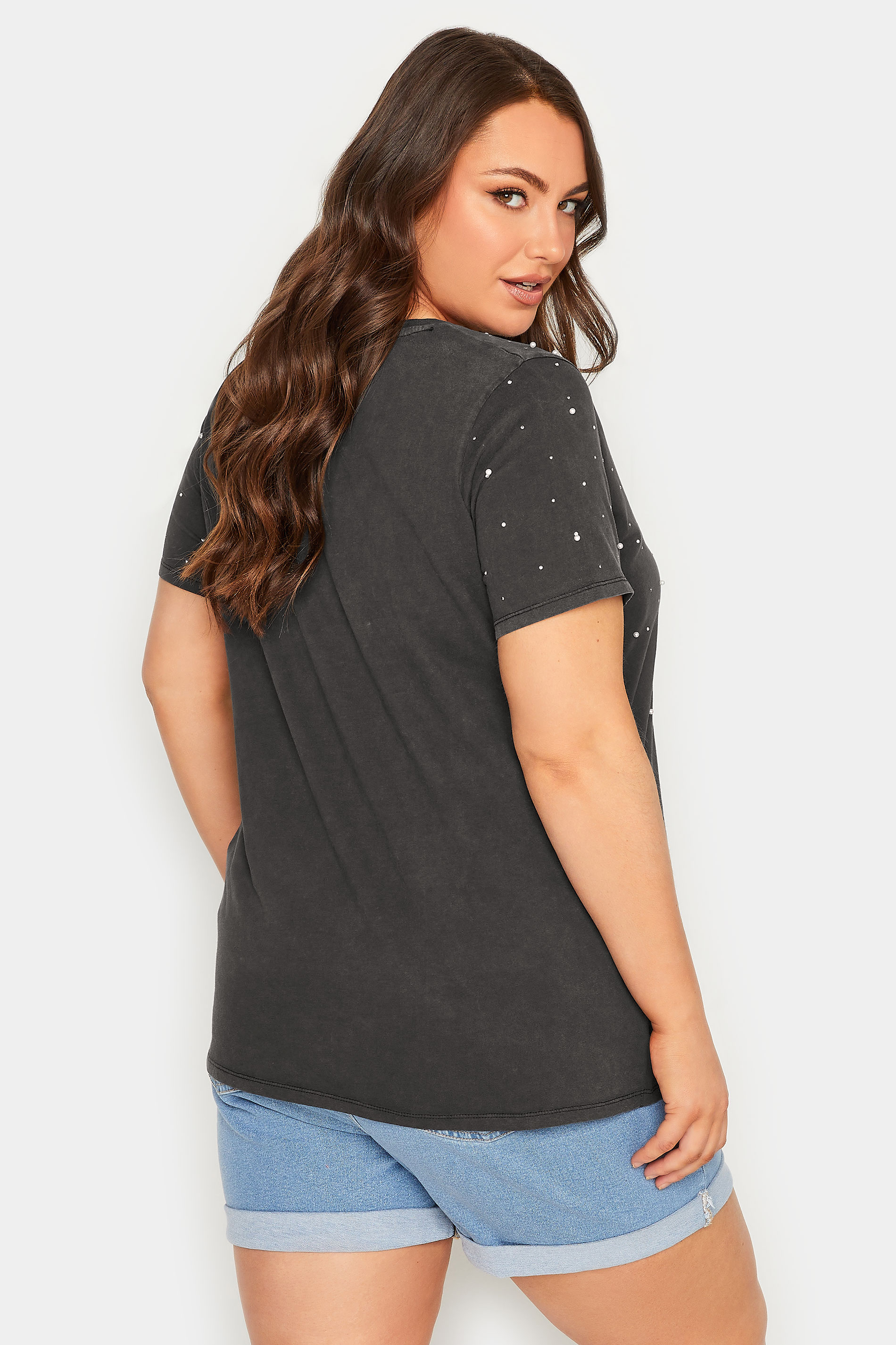 Plus Size Black Acid Wash Embellished T-Shirt | Yours Clothing 3