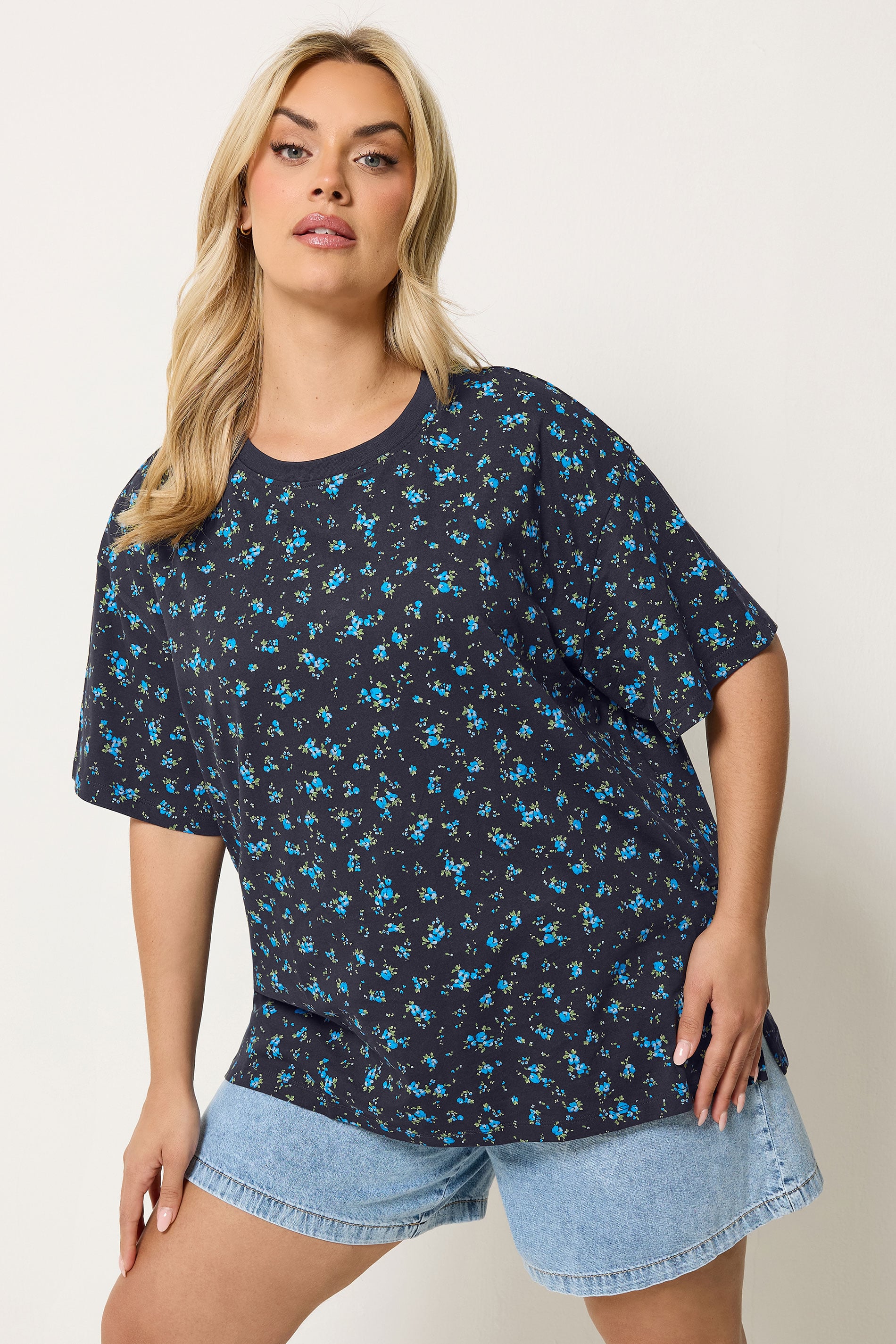 YOURS Plus Size Navy Blue Ditsy Floral Boxy T-Shirt | Yours Clothing 3