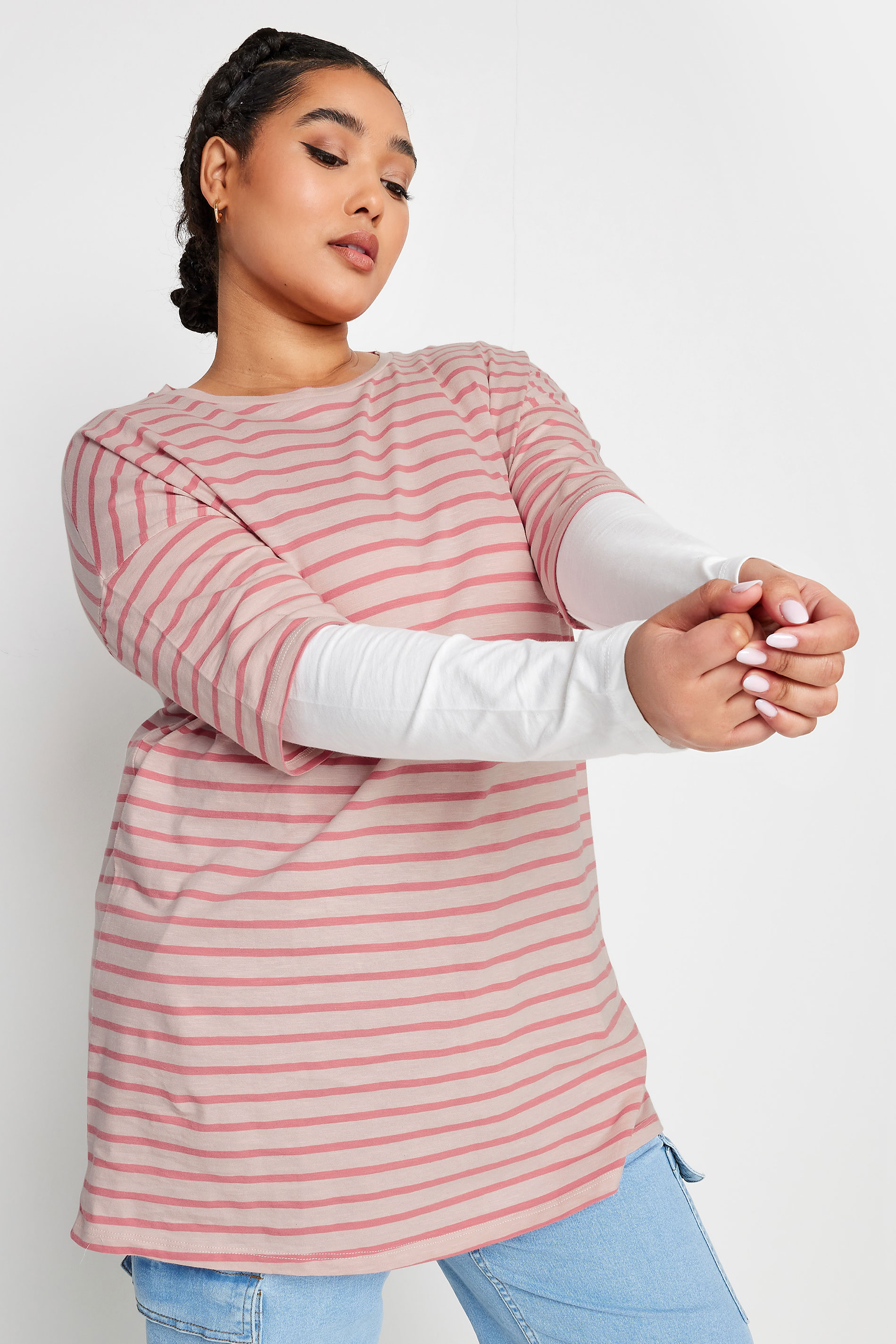 YOURS Plus Size Pink Stripe Double Layer Top | Yours Clothing 1
