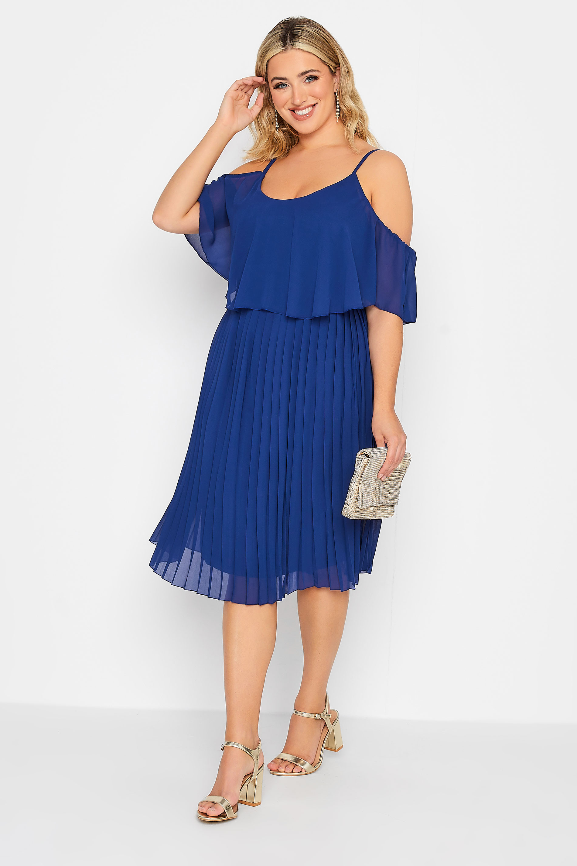 YOURS LONDON Plus Size Cobalt Blue Pleated Overlay Midi Dress | Yours Clothing 1