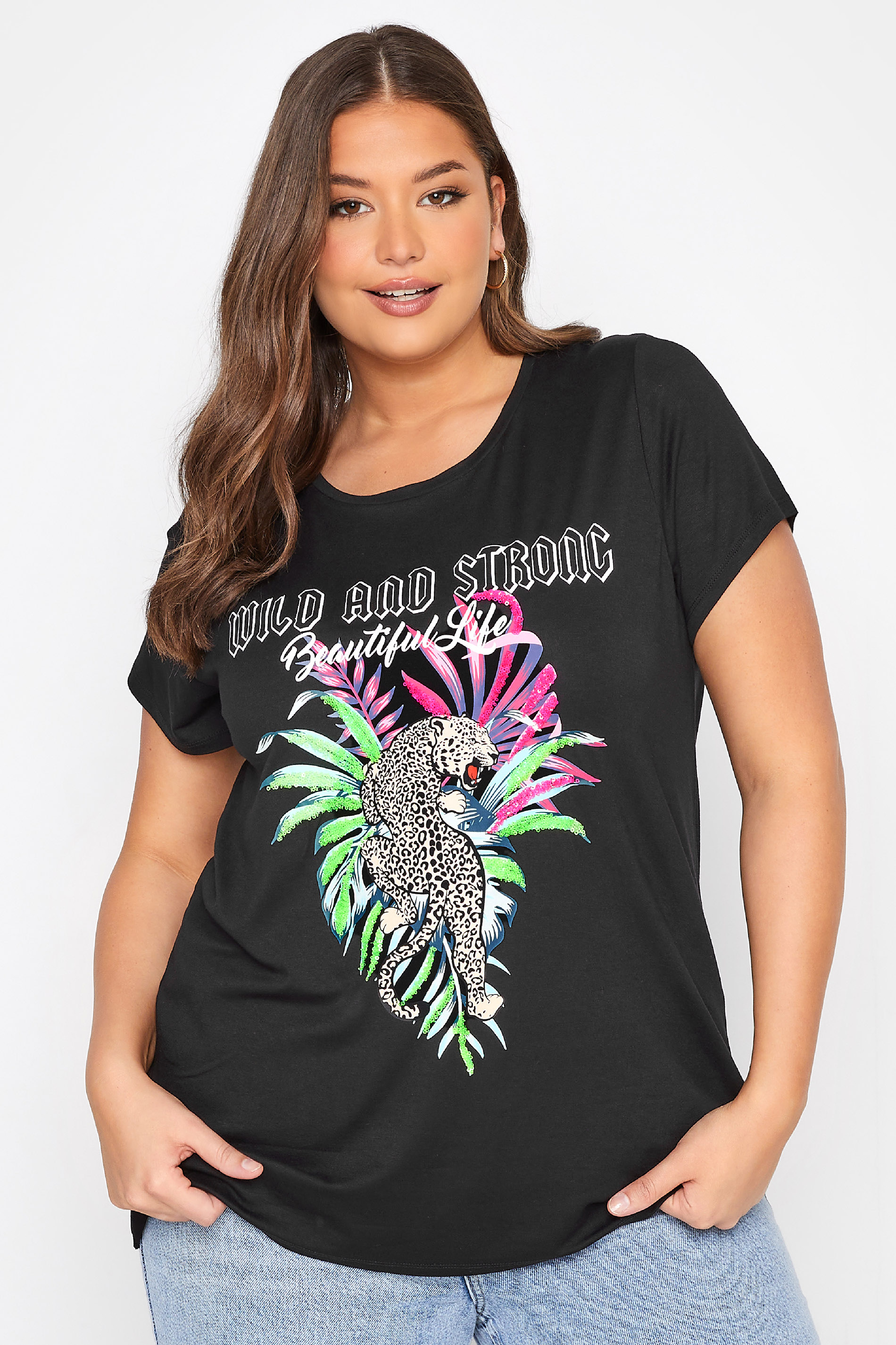 Grande taille  Tops Grande taille  T-Shirts | T-Shirt Noir en Jersey 'Wild and Strong' - TU98936