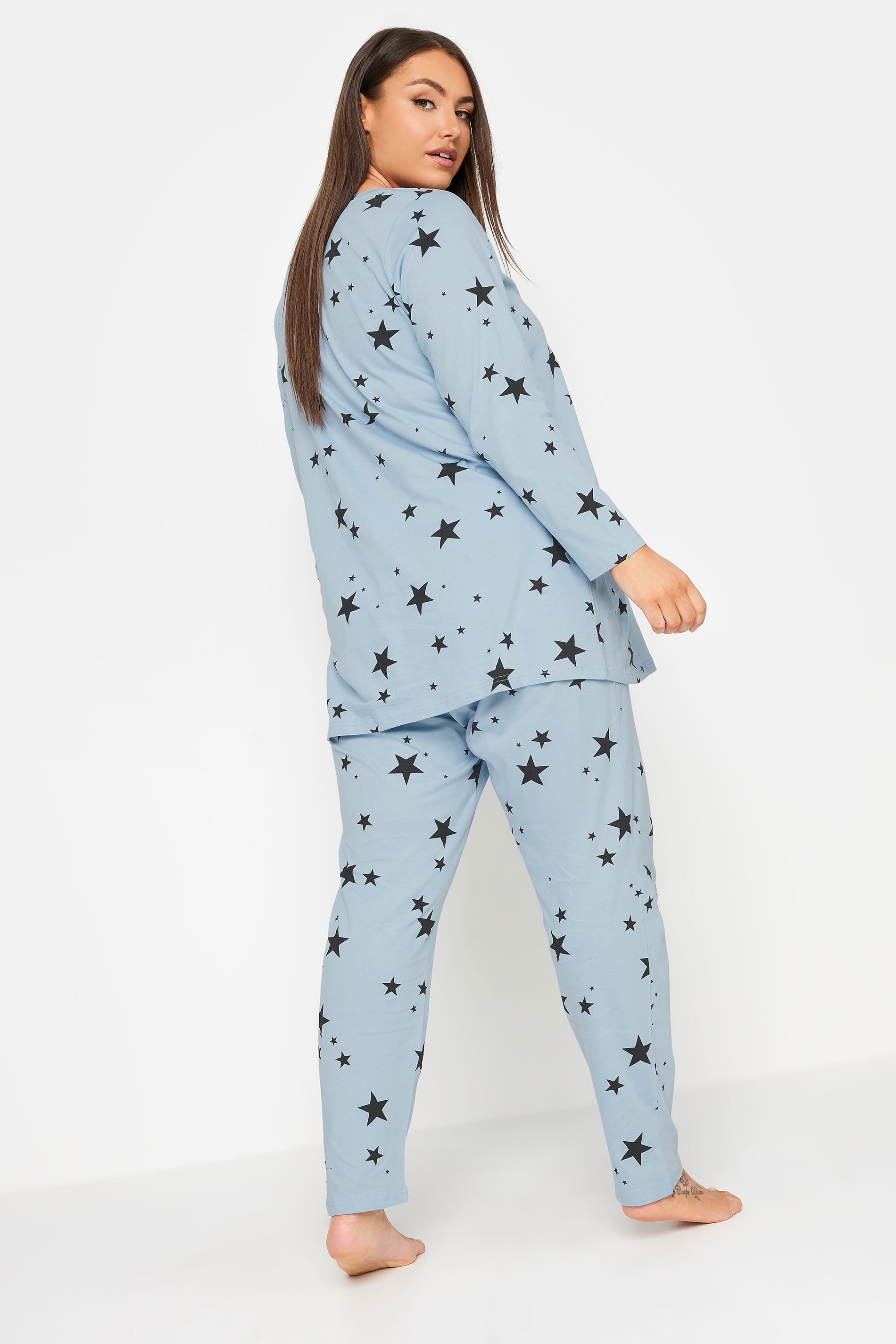 YOURS Plus Size Light Blue Star Print Tapered Pyjama Set | Yours Clothing 3