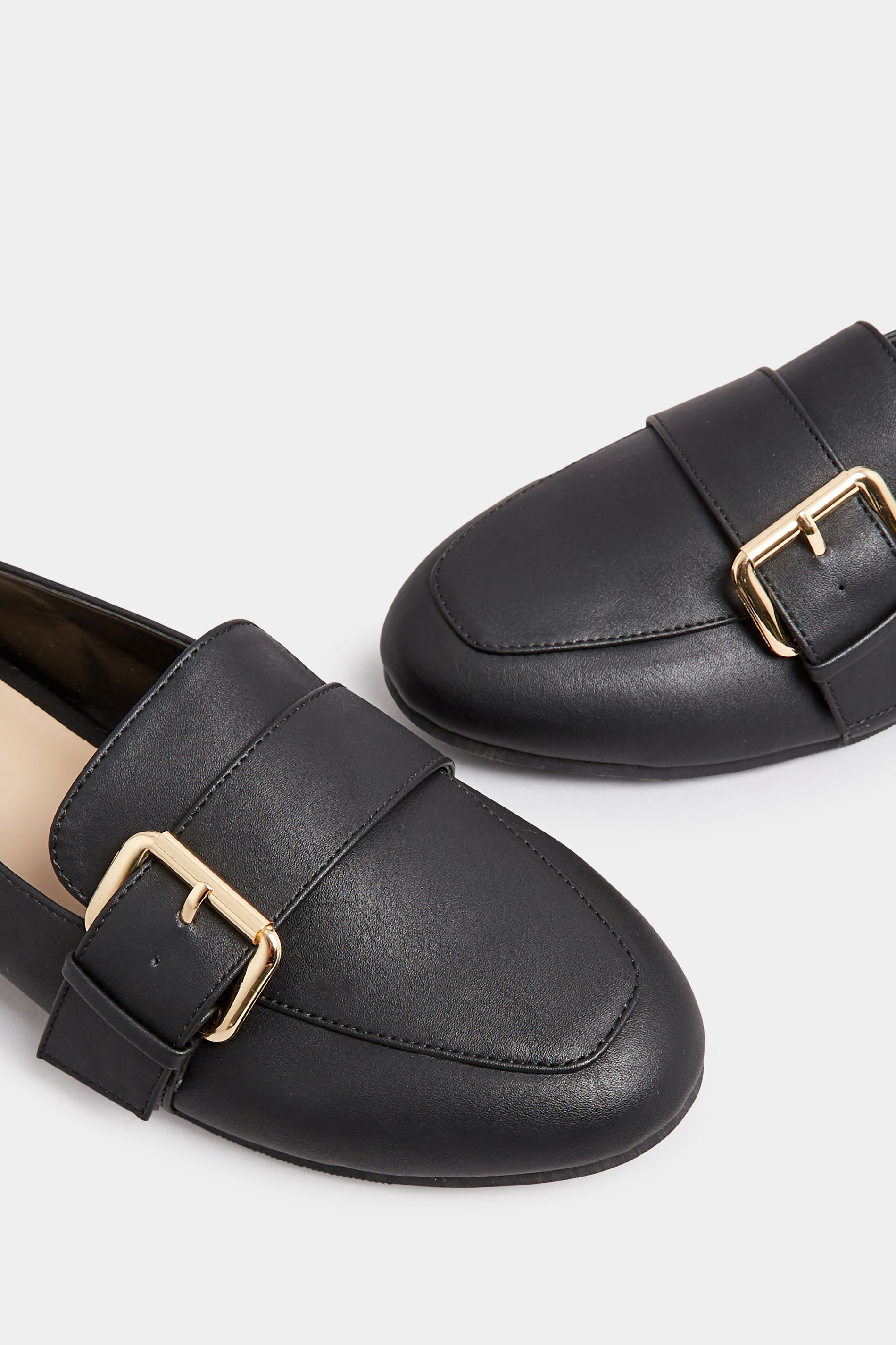 Black Buckle Faux Leather Loafers In Wide E Fit & Extra Wide EEE Fit ...