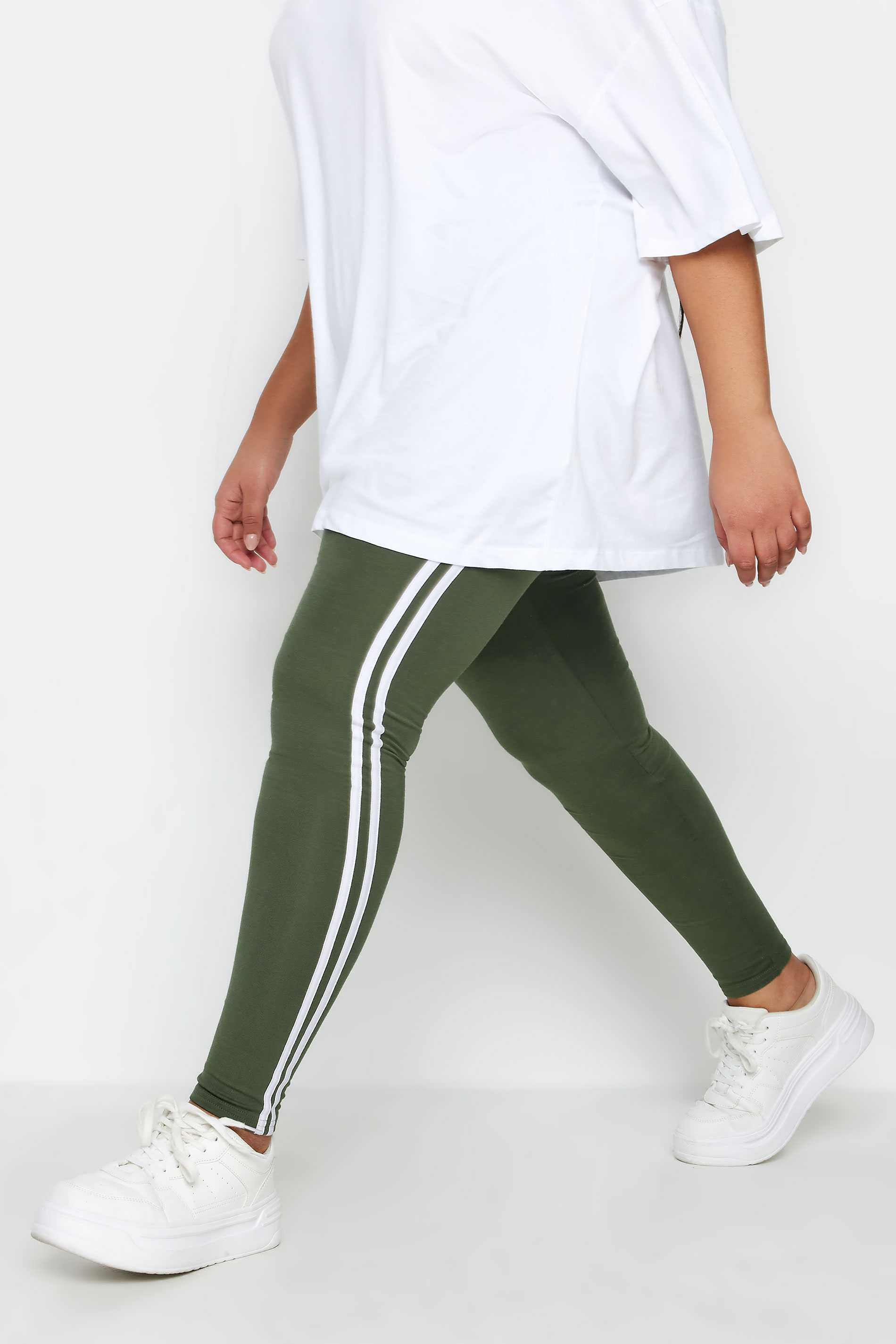 YOURS Plus Size Khaki Green Side Stripe Leggings | Yours Clothing 1