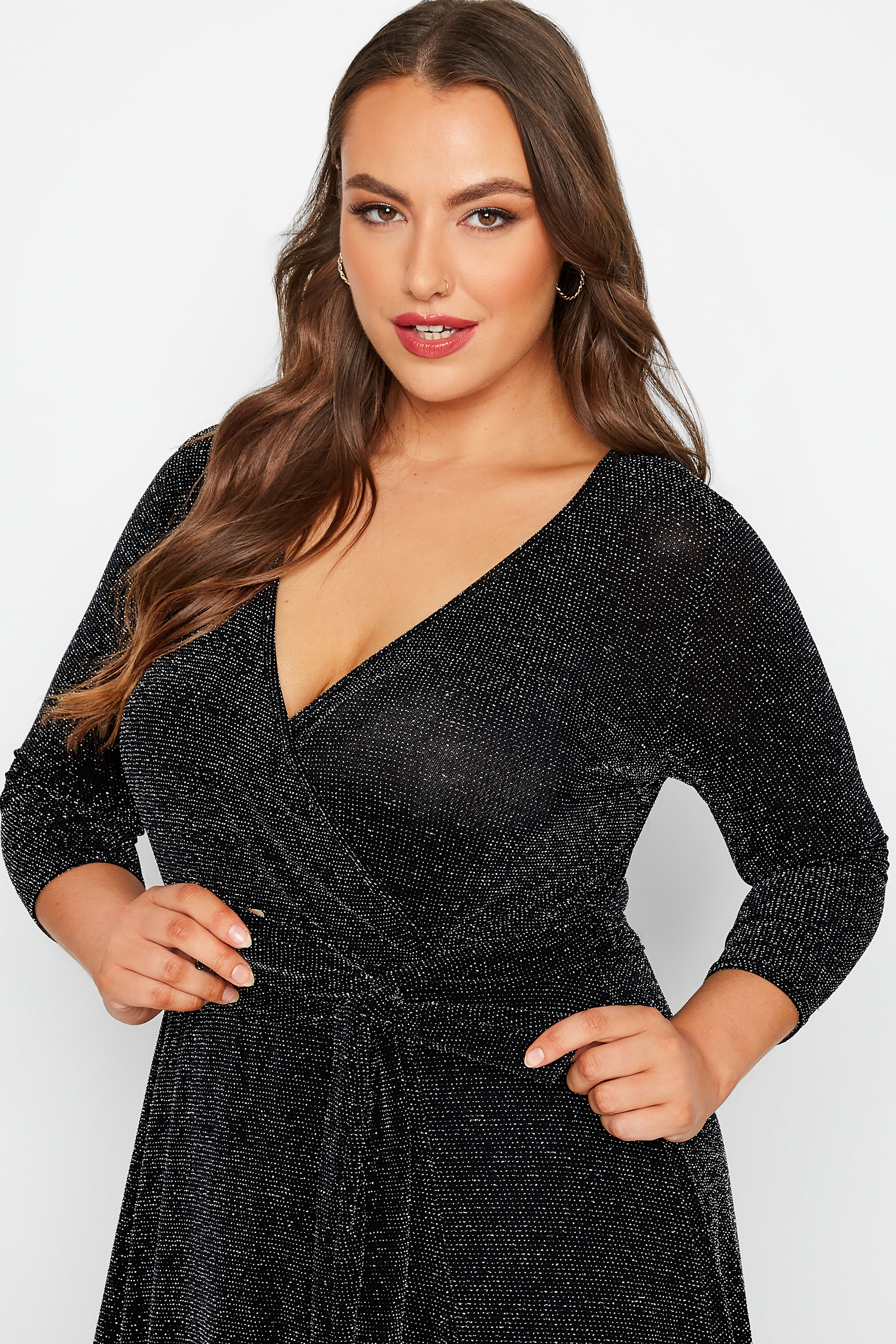Yours London Plus Size Black And Silver Glitter Wrap Dress Yours Clothing