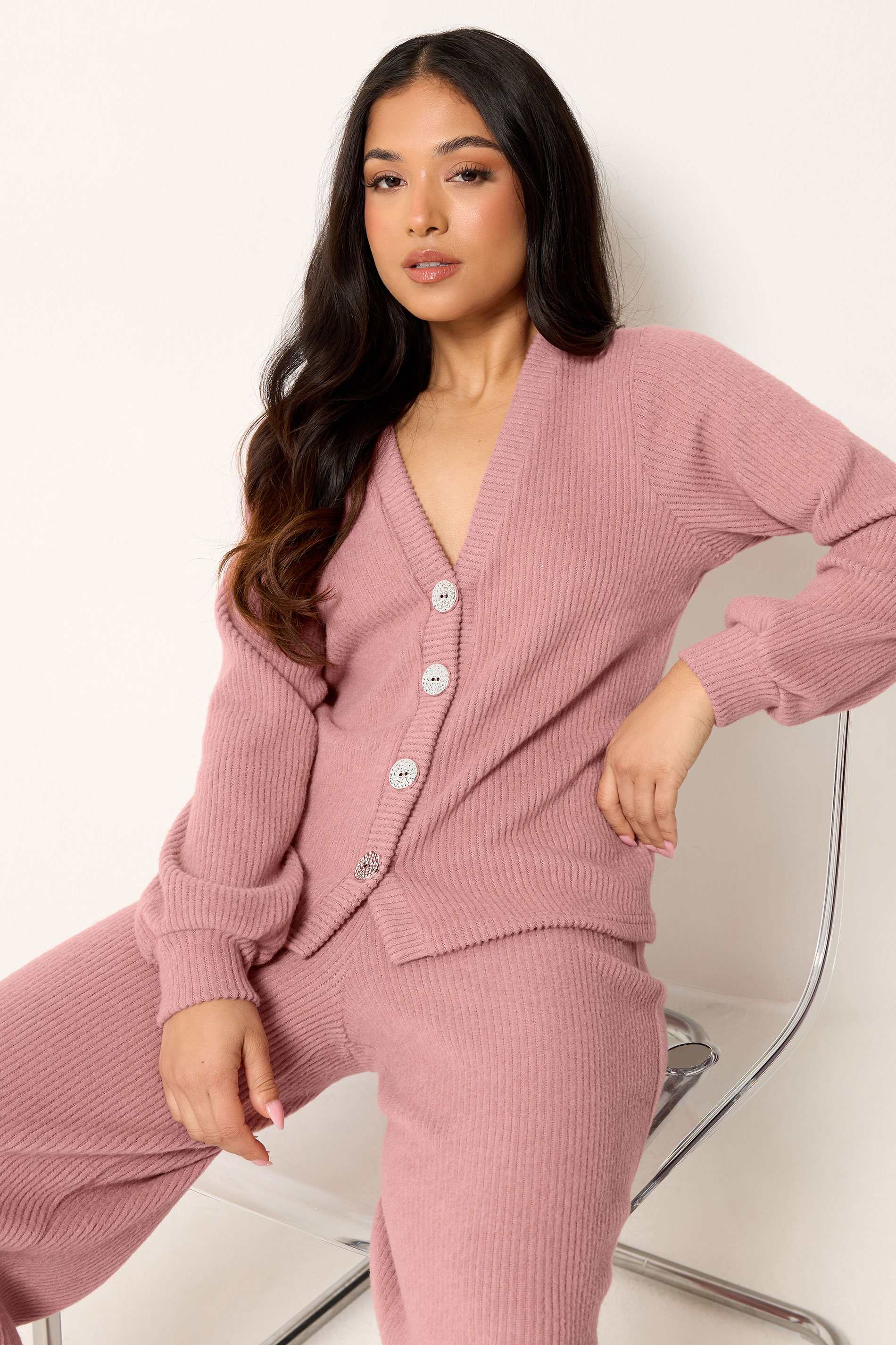 PixieGirl Petite Women's Pink Marl Ribbed Soft Touch Cardigan | PixieGirl 3