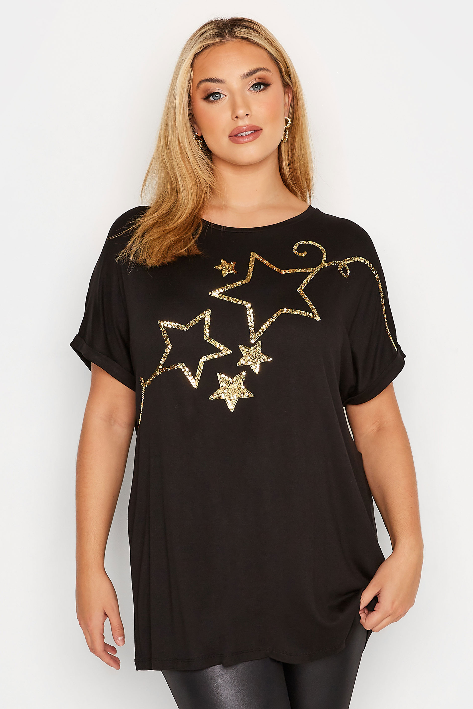 Curve Plus-Size Black & Gold Sequin Star T-Shirt | Yours Cloting 1