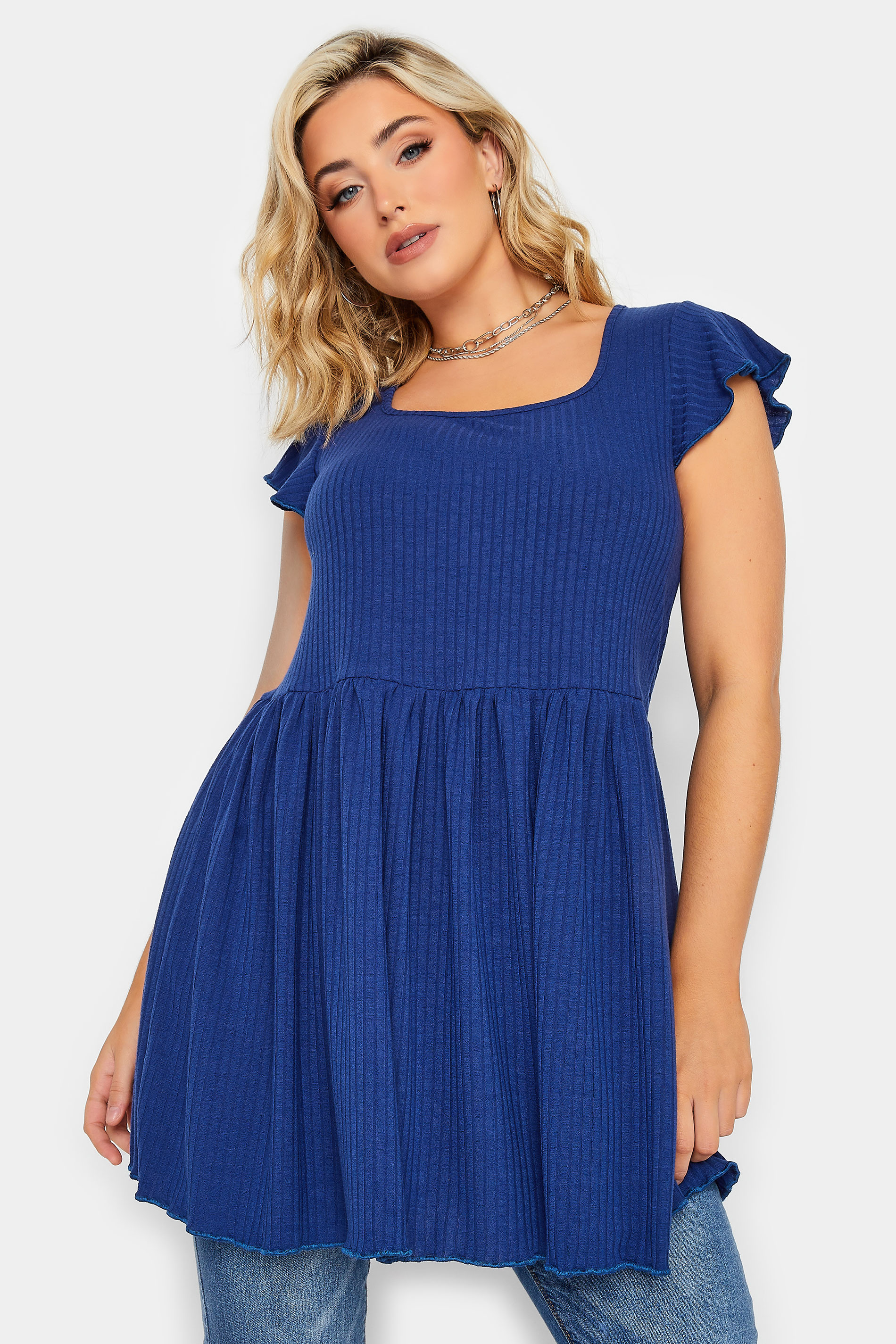 LIMITED COLLECTION Plus Size Blue Ribbed Square Neck Top | Yours Clothing 1