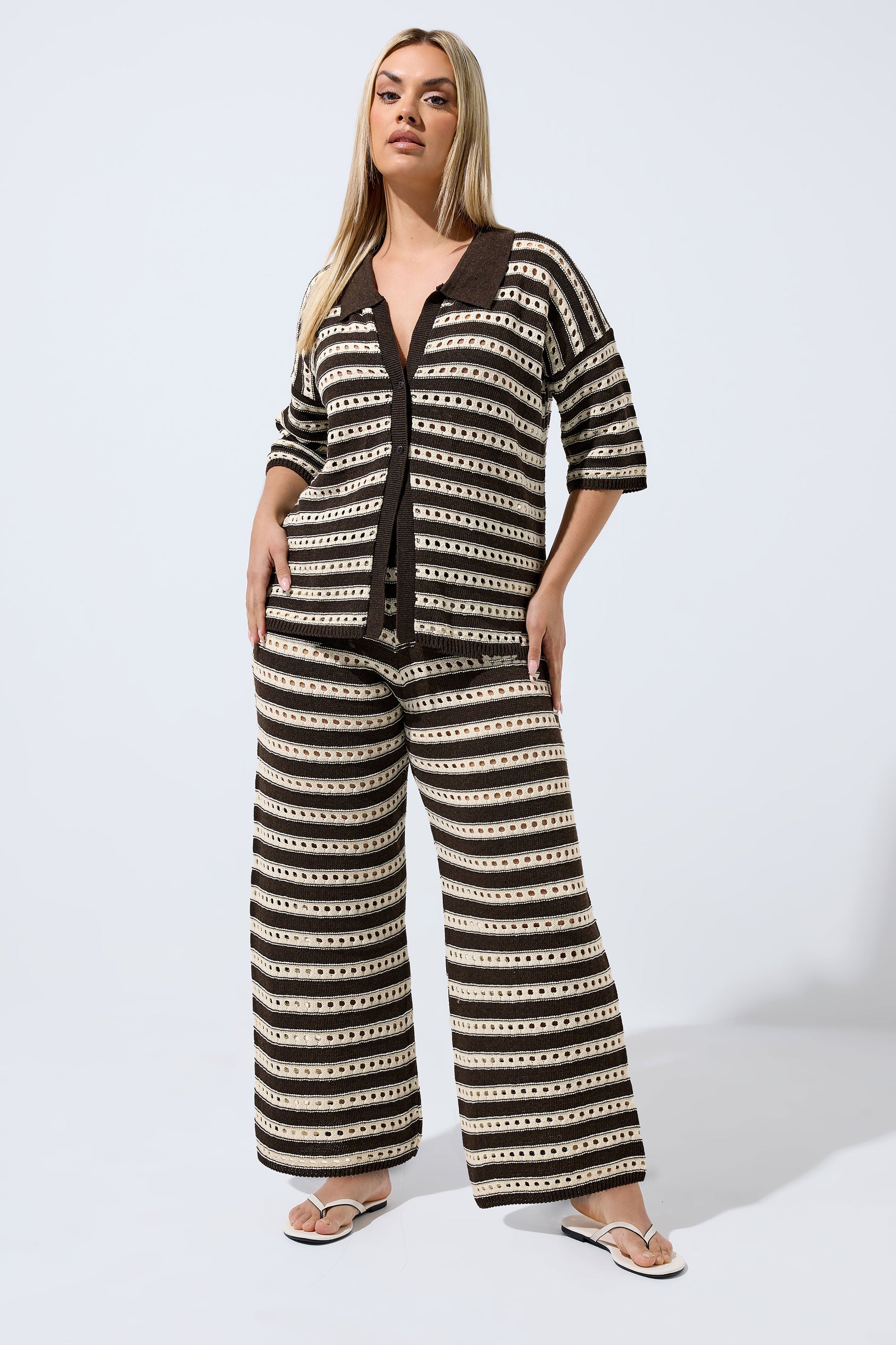 LIMITED COLLECTION Plus Size Chocolate Brown Stripe Crochet Shirt | Yours Clothing 1