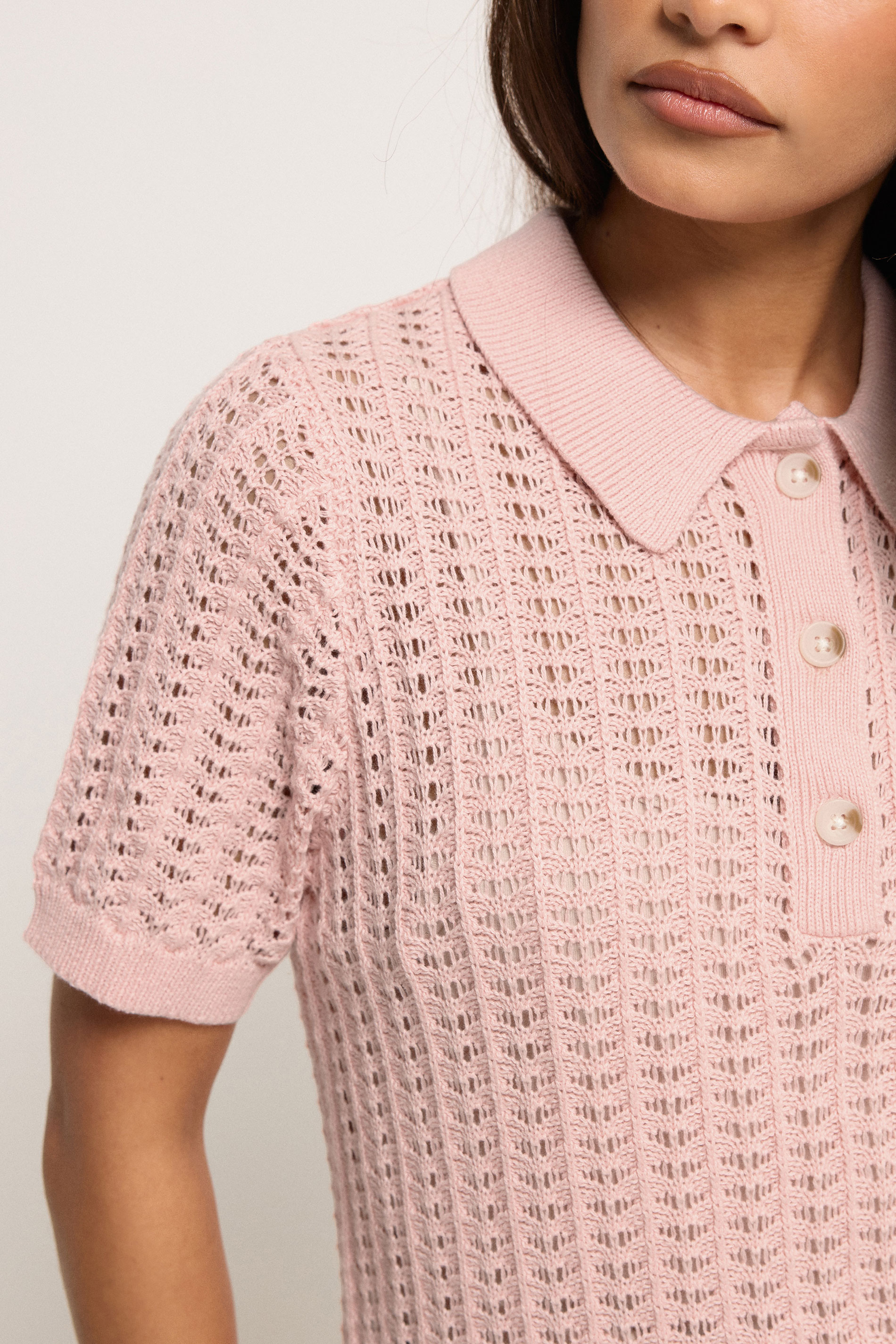 PixieGirl Petite Women's Pink Crochet Polo Top | PixieGirl 5