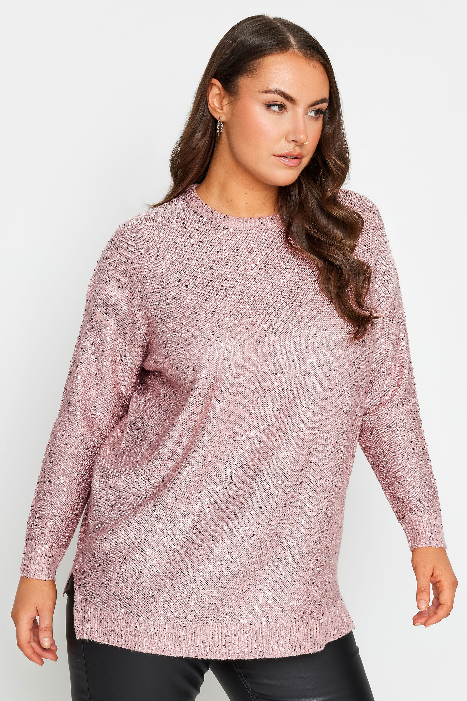 YOURS Plus Size Light Pink Sequin Embellished Jumper | Yours Clothing 1