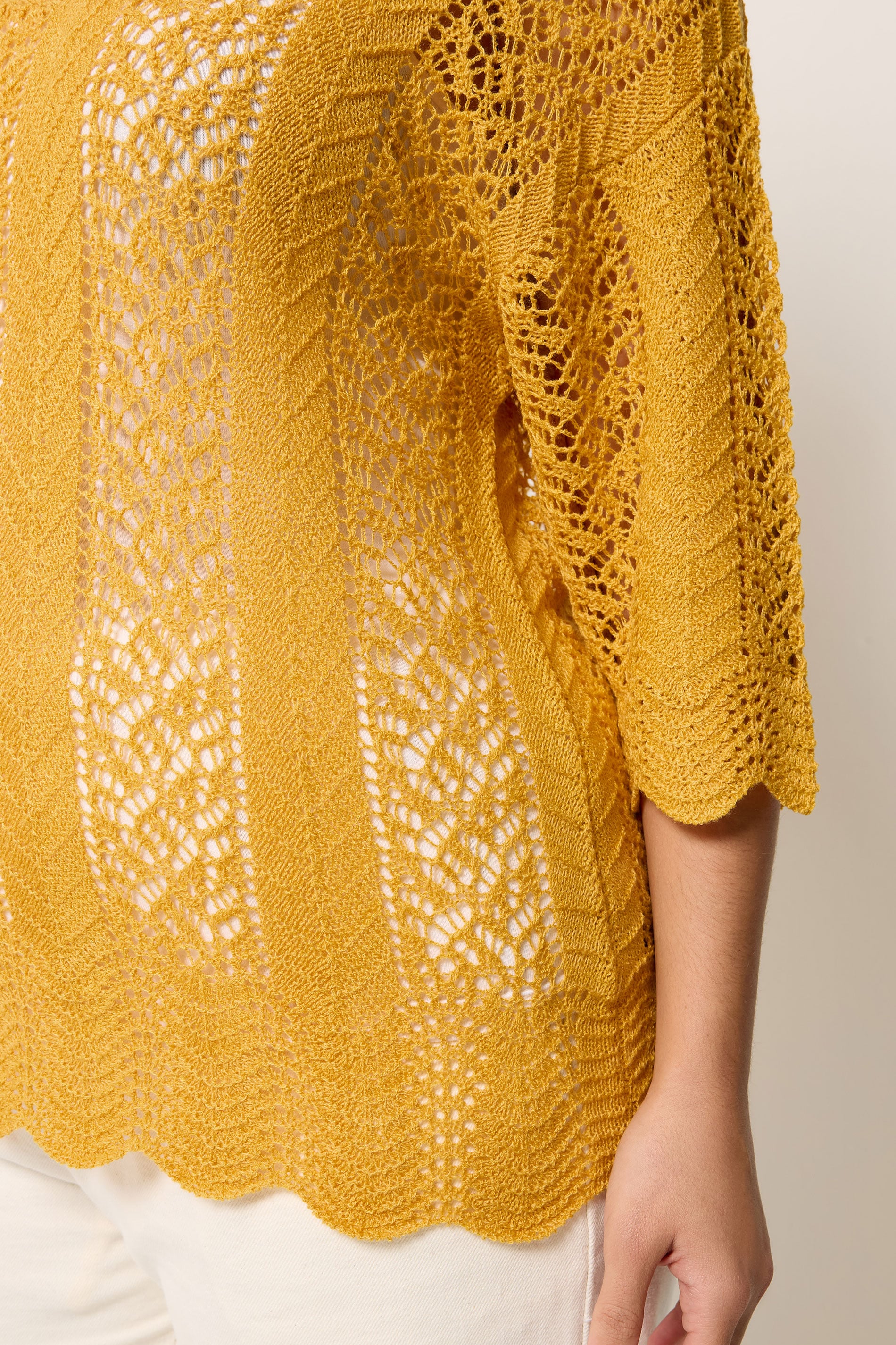 YOURS Plus Size Mustard Yellow Pointelle Knitted T-Shirt | Yours Clothing 4