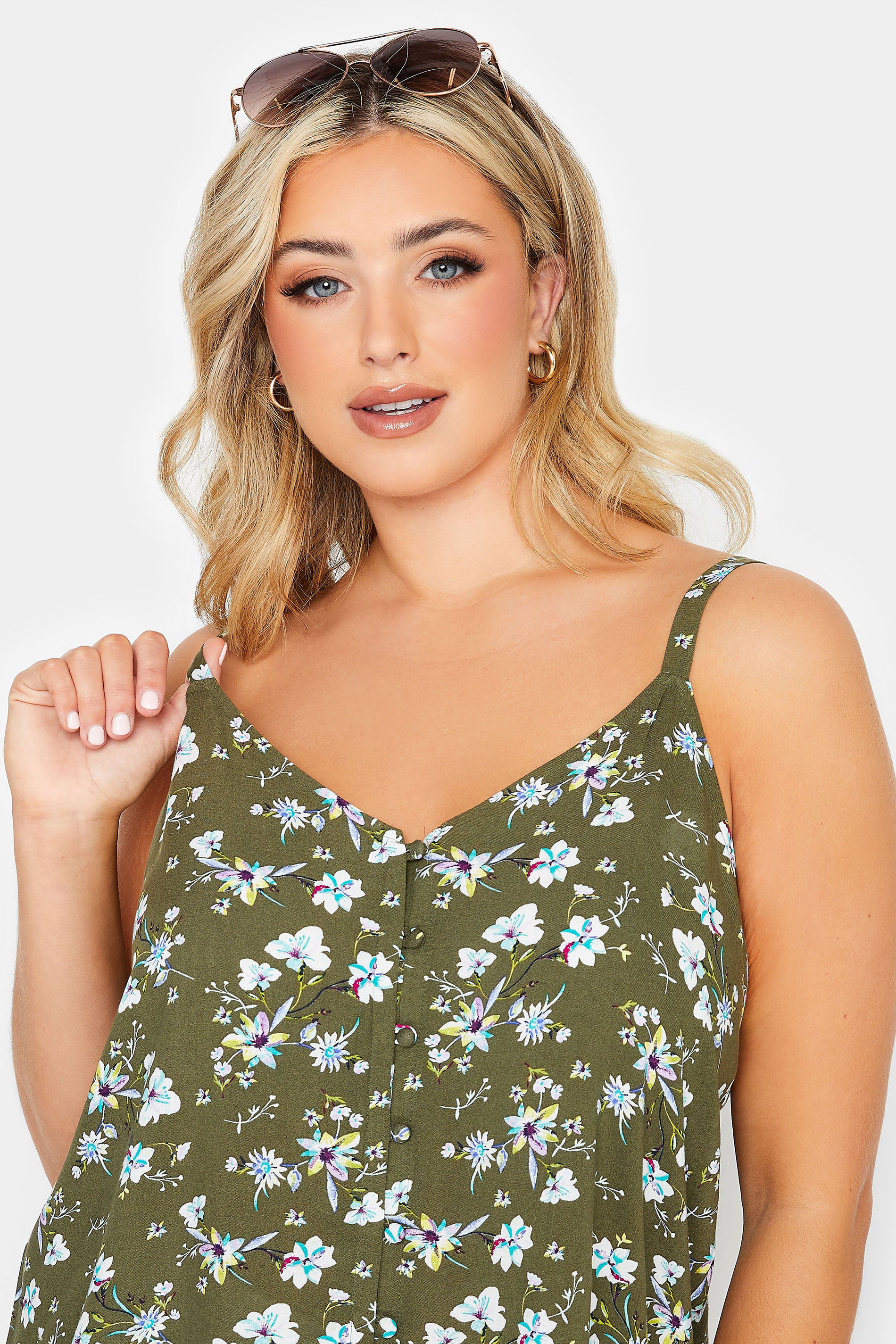 YOURS Plus Size Green Floral Button Cami Vest Top | Yours Clothing
