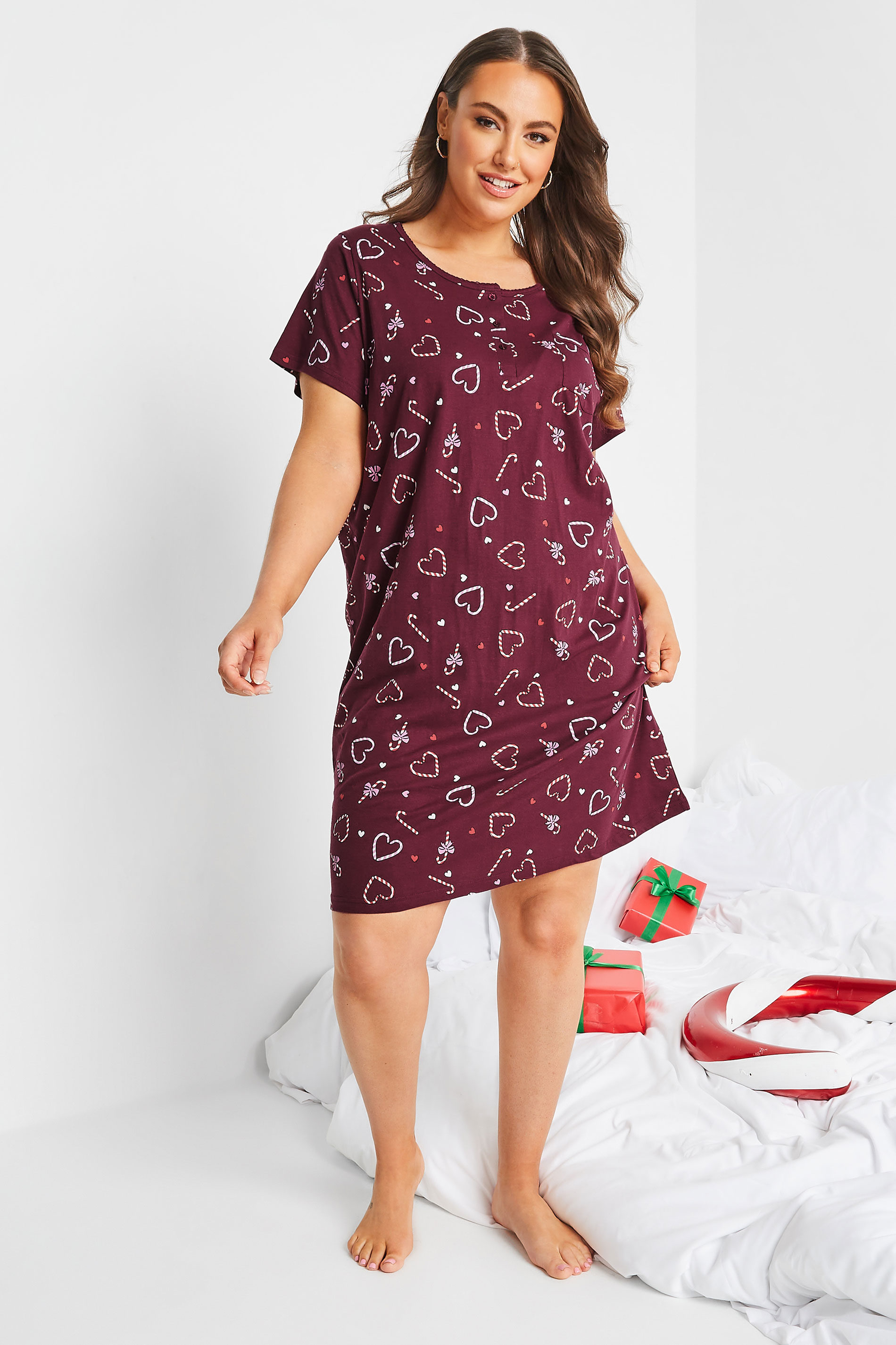 Curve Plus Size Burgundy Red Candy Cane Heart Print Nightdress | Yours Clothing 1