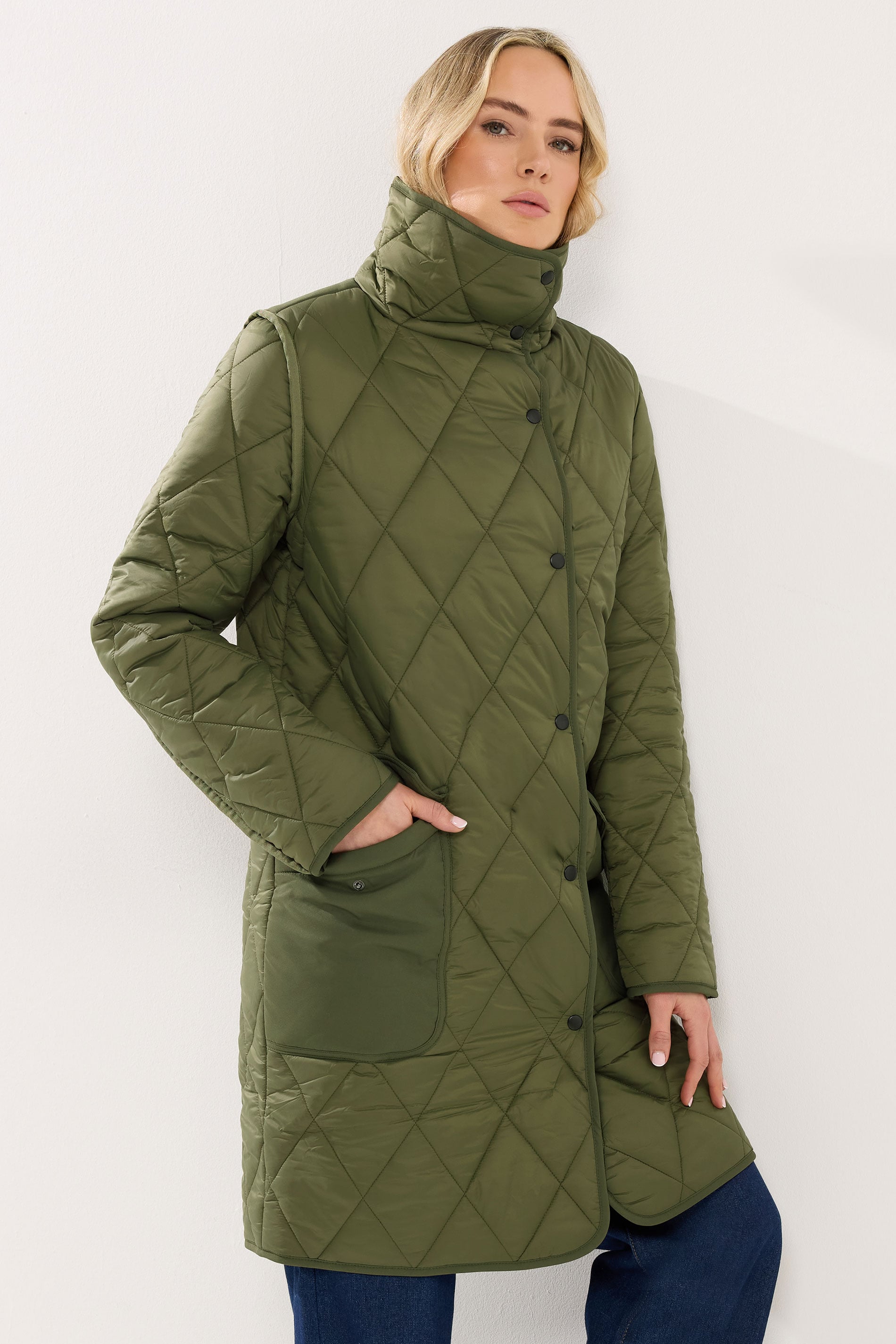 LTS Tall Khaki Green Funnel Neck Quilted Coat | Long Tall Sally 3