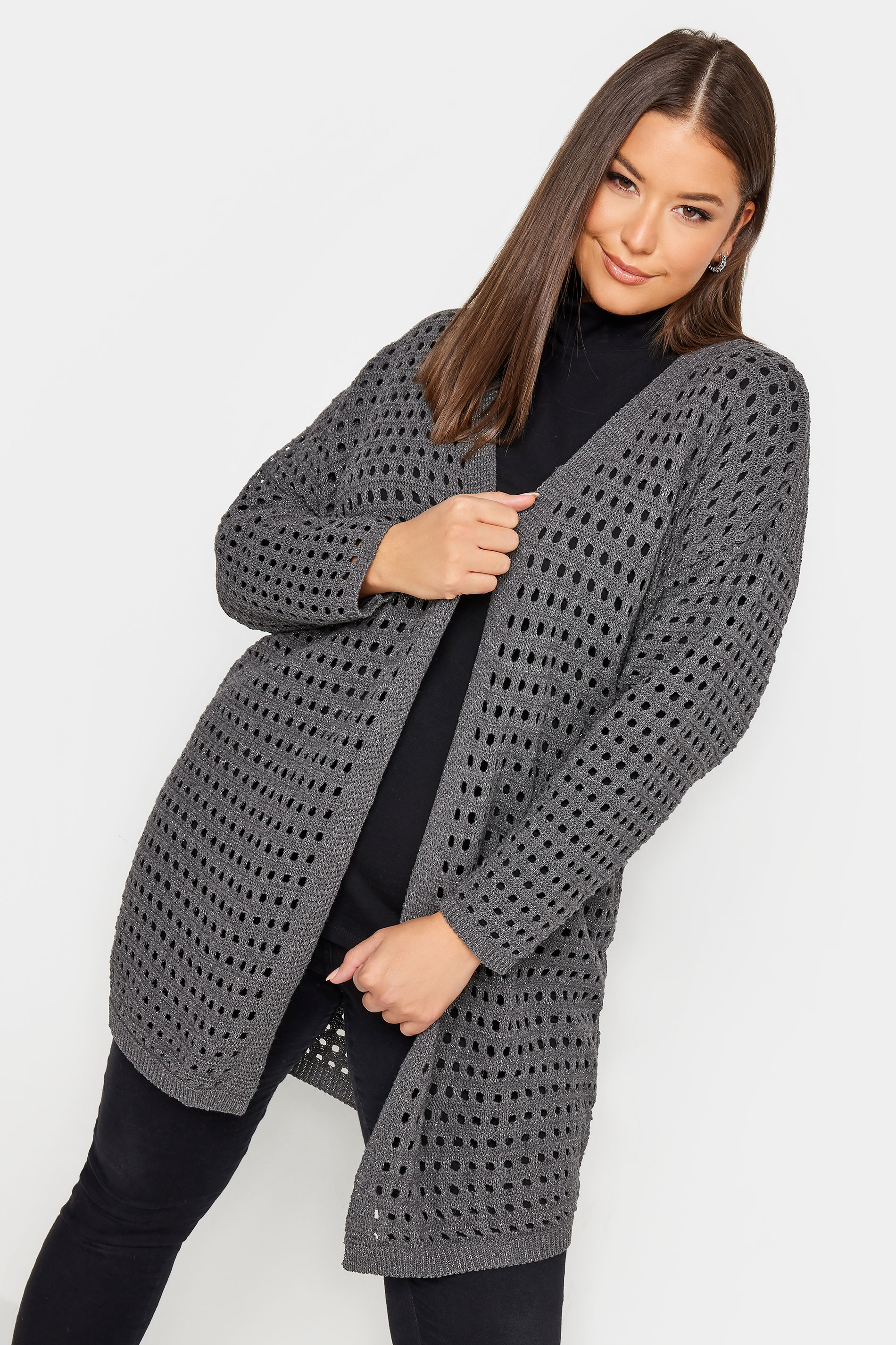 YOURS Plus Size Grey Metallic Crochet Cardigan | Yours Clothing 1