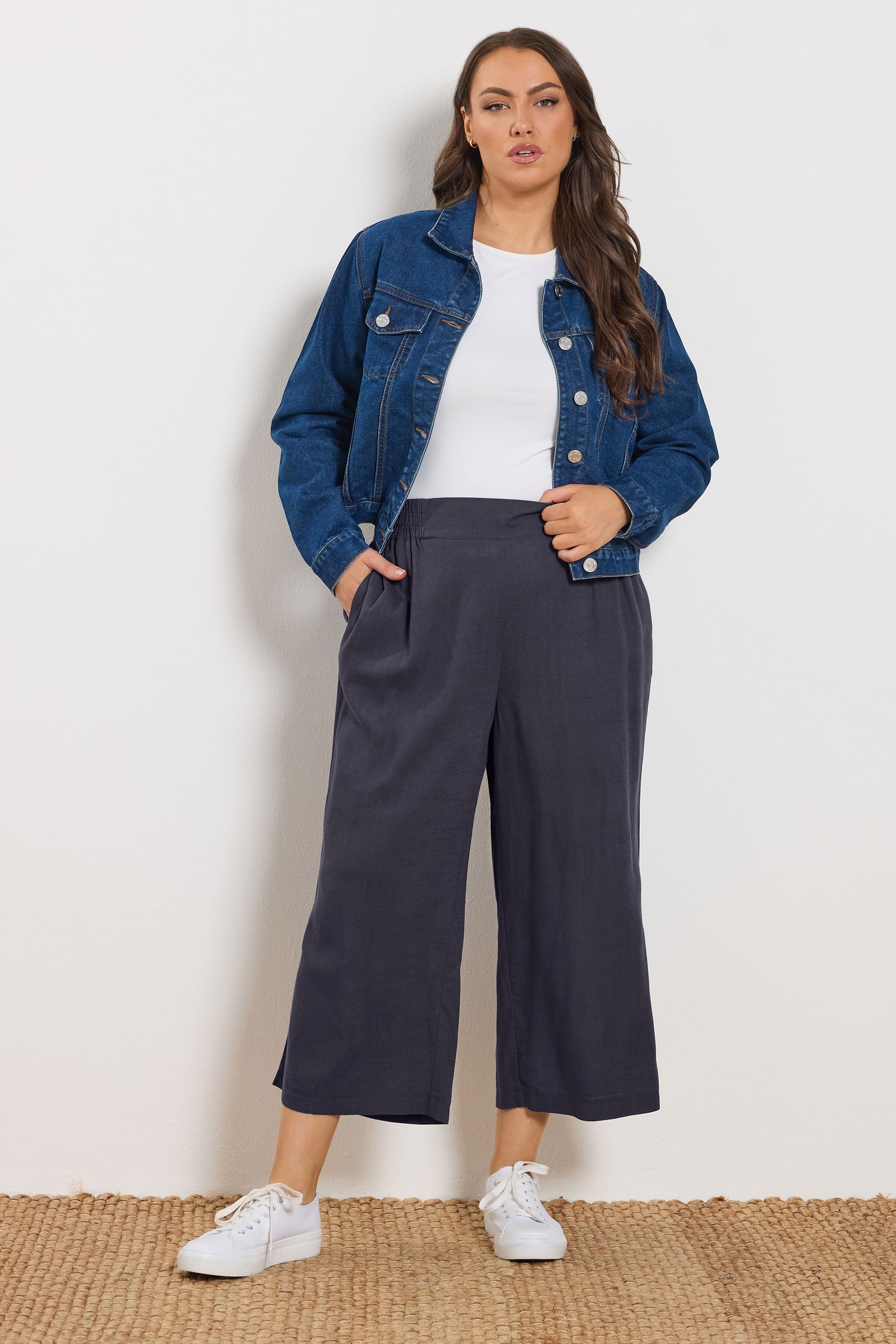 YOURS Plus Size Navy Blue Linen Cropped Wide Leg Trousers | Yours Clothing 1