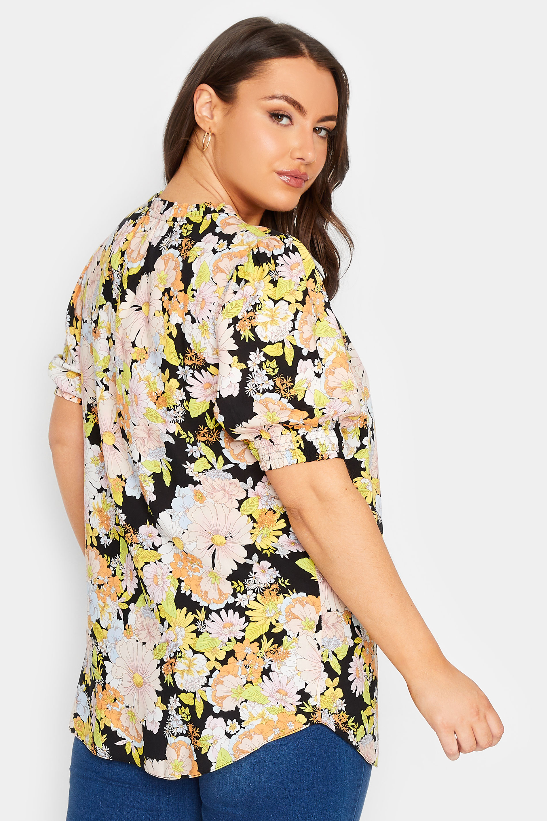 YOURS Plus Size Black & Yellow Floral Print Tie Neck Blouse | Yours Clothing 3