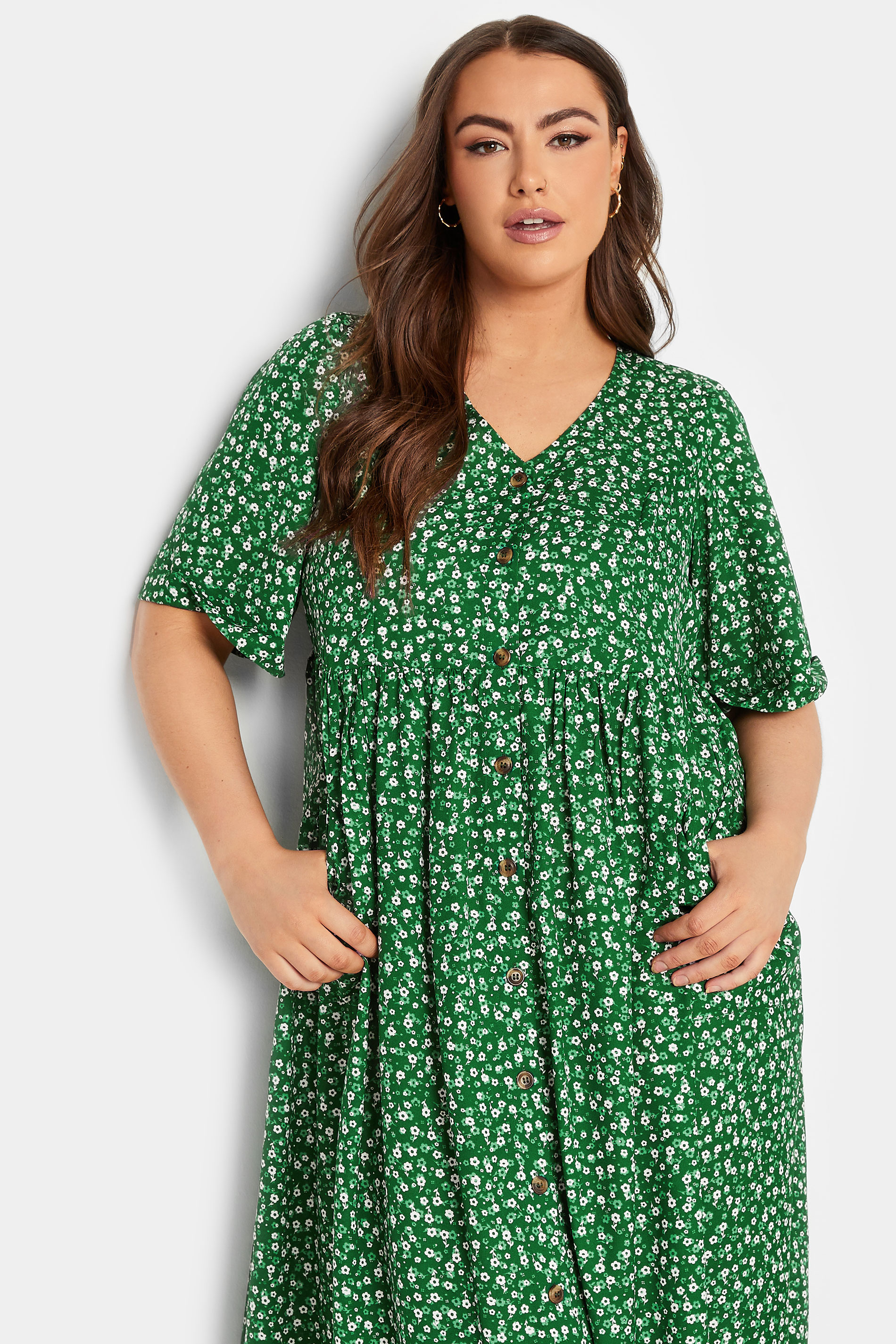 YOURS Plus Size Green Daisy Print Smock Dress | Yours Clothing