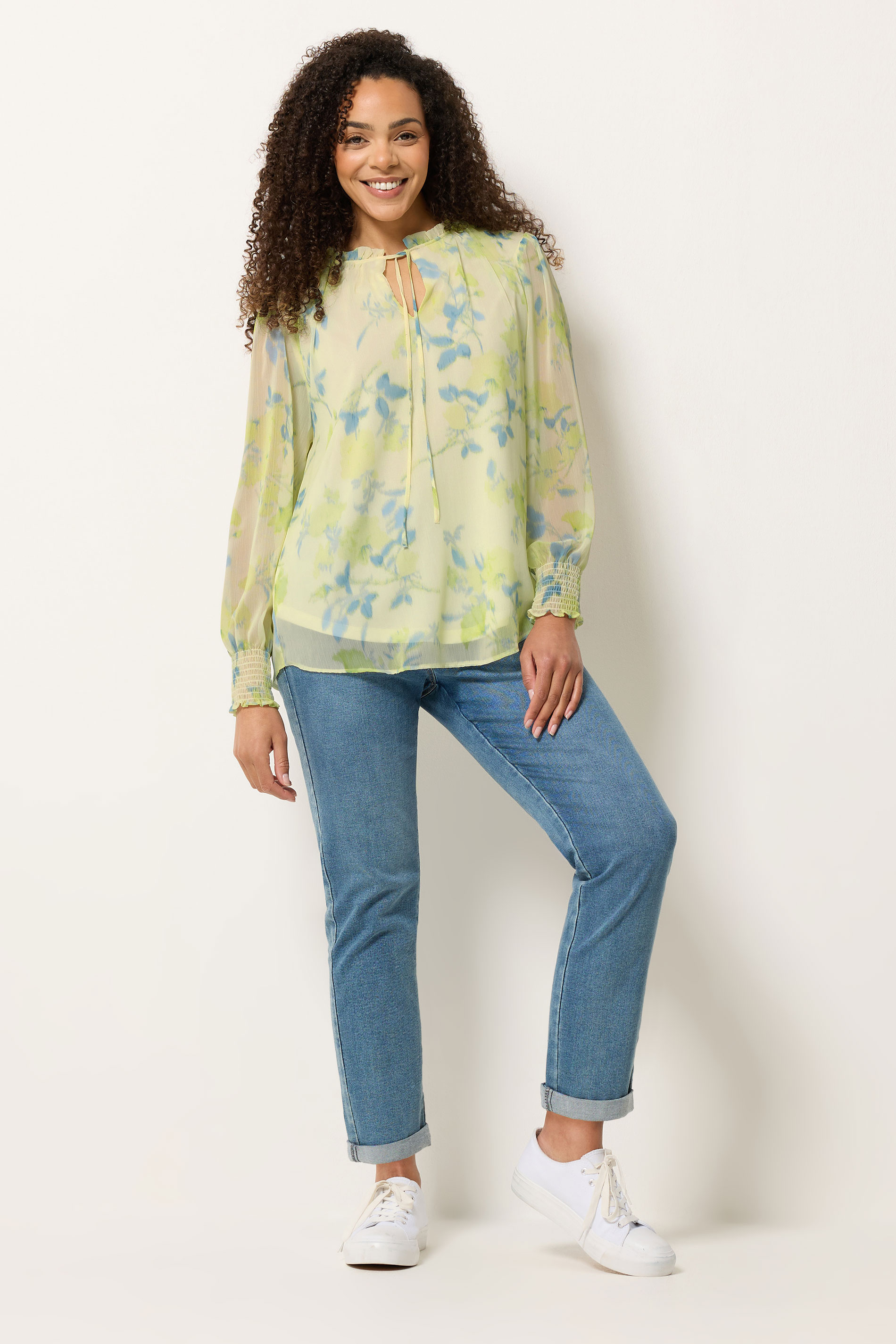 M&Co Yellow Floral Print Tie Neck Blouse | M&Co 1