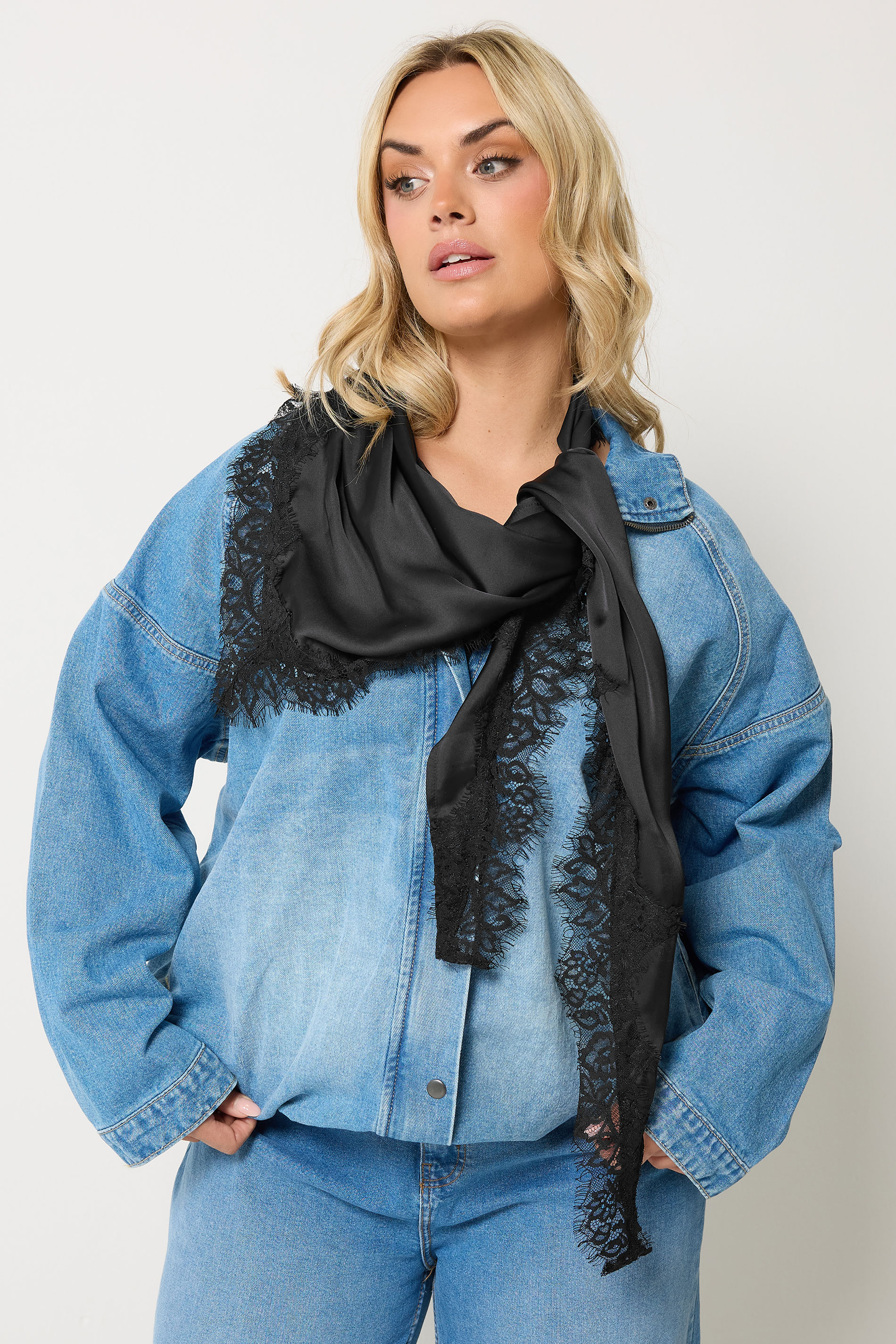 YOURS Plus Size Black Lace Satin Scarf | Yours Clothing 2