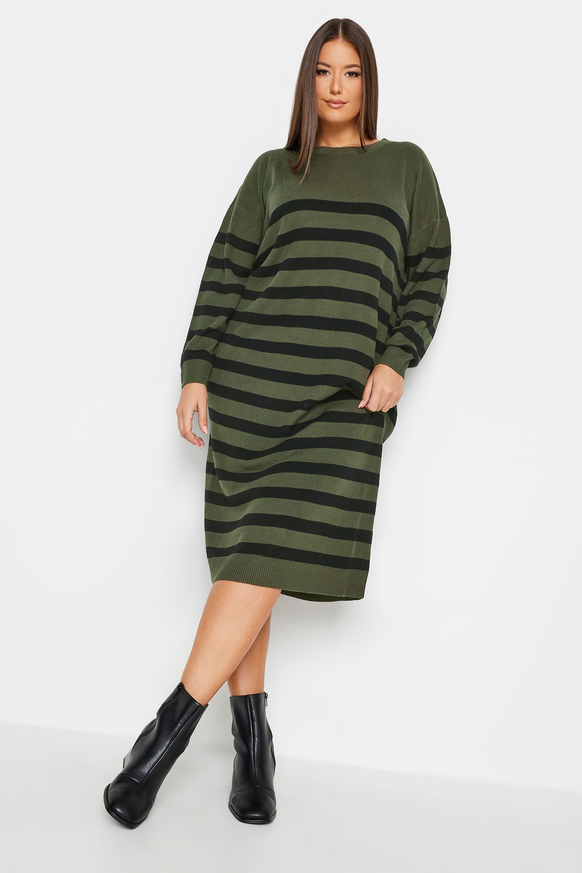 YOURS Plus Size Khaki Green Stripe Knitted Jumper Dress | Yours Clothing 2