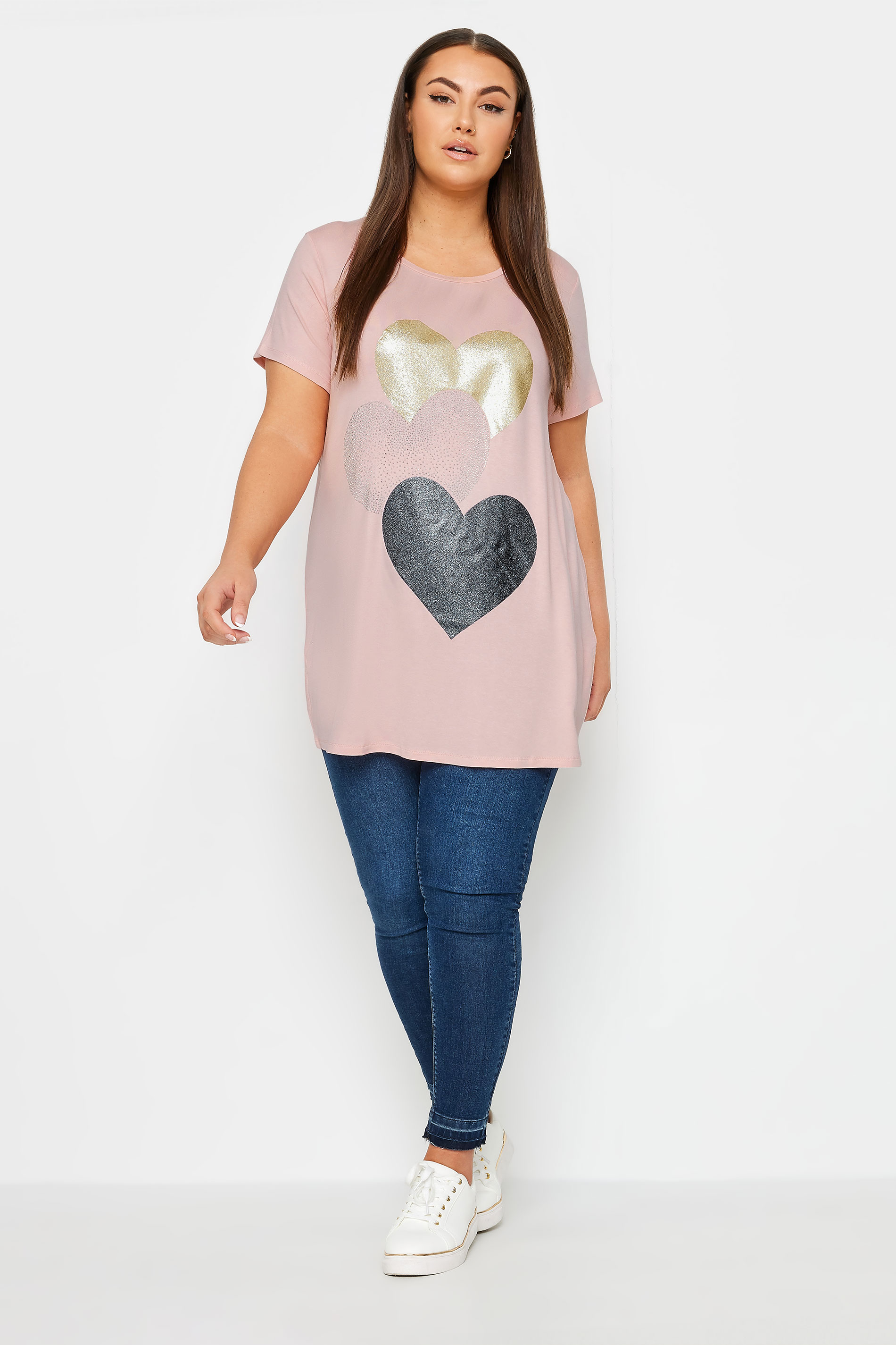 YOURS Plus Size Light Pink Glitter Heart Print T-Shirt | Yours Clothing  2