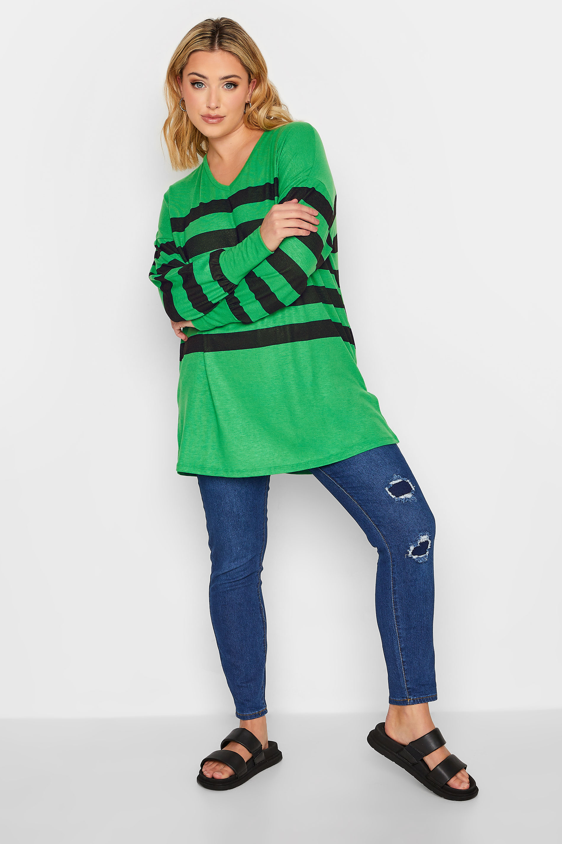 YOURS LUXURY Curve Green Stripe V-Neck Top | Yours Clothing 2