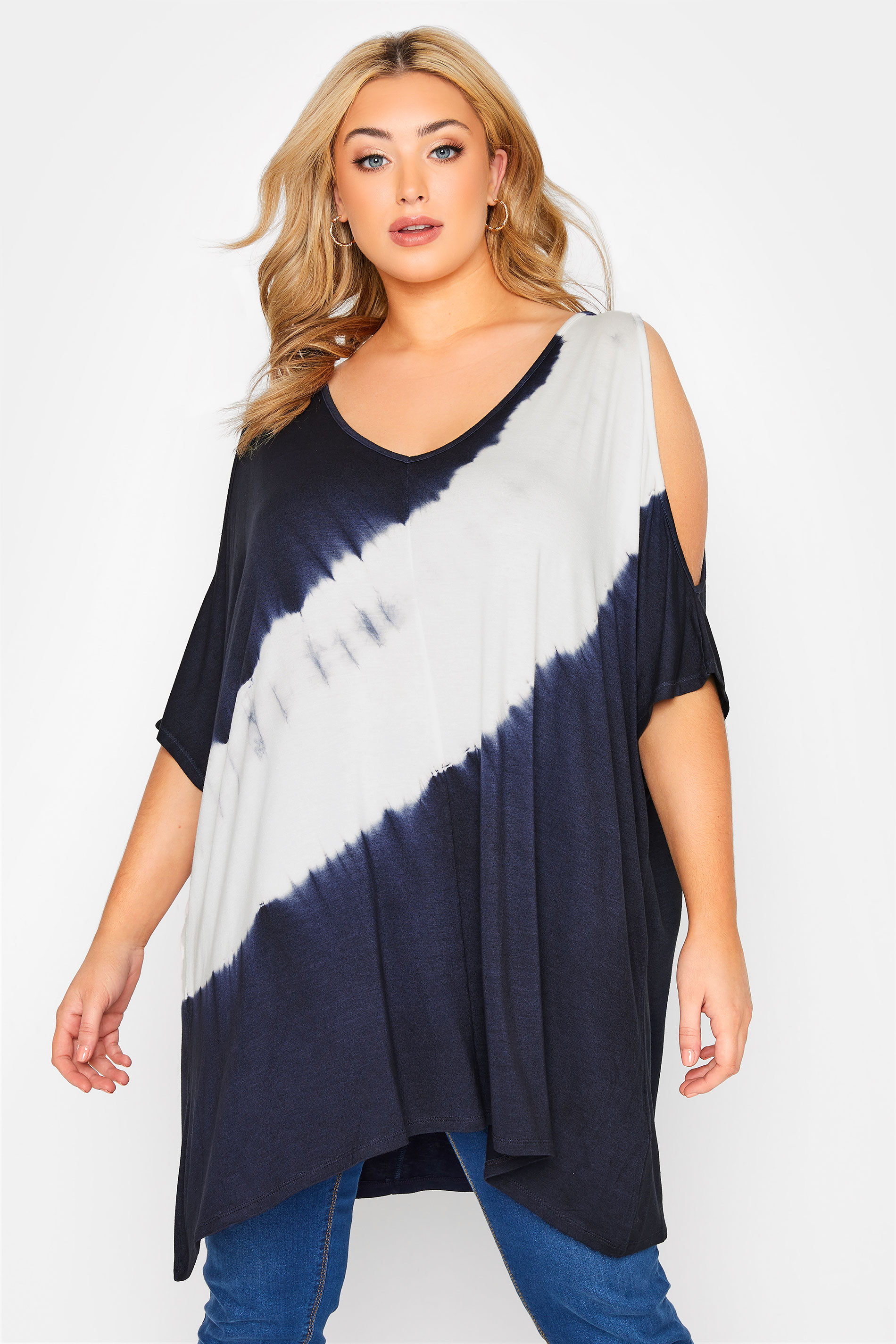 Plus Size Navy Blue Tie Dye Cold Shoulder T-Shirt | Yours Clothing 1