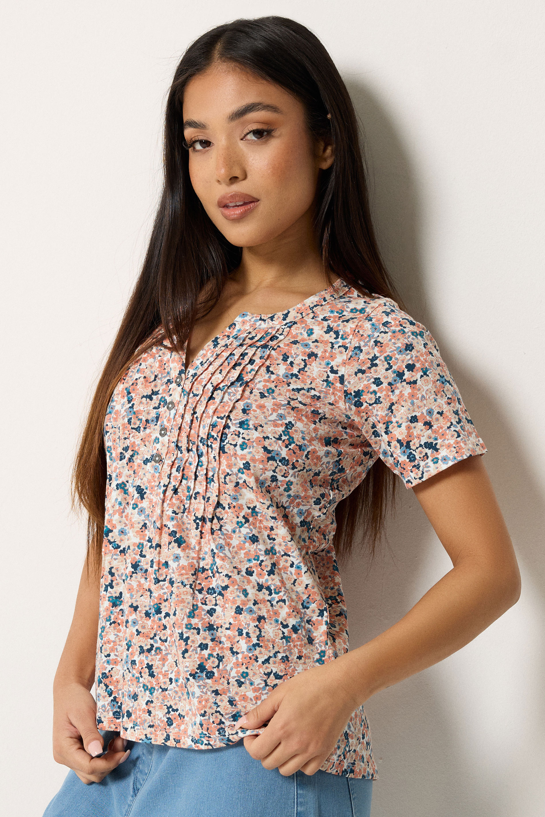 M&Co Petite Orange Ditsy Floral Cotton Henley Top | M&Co 3