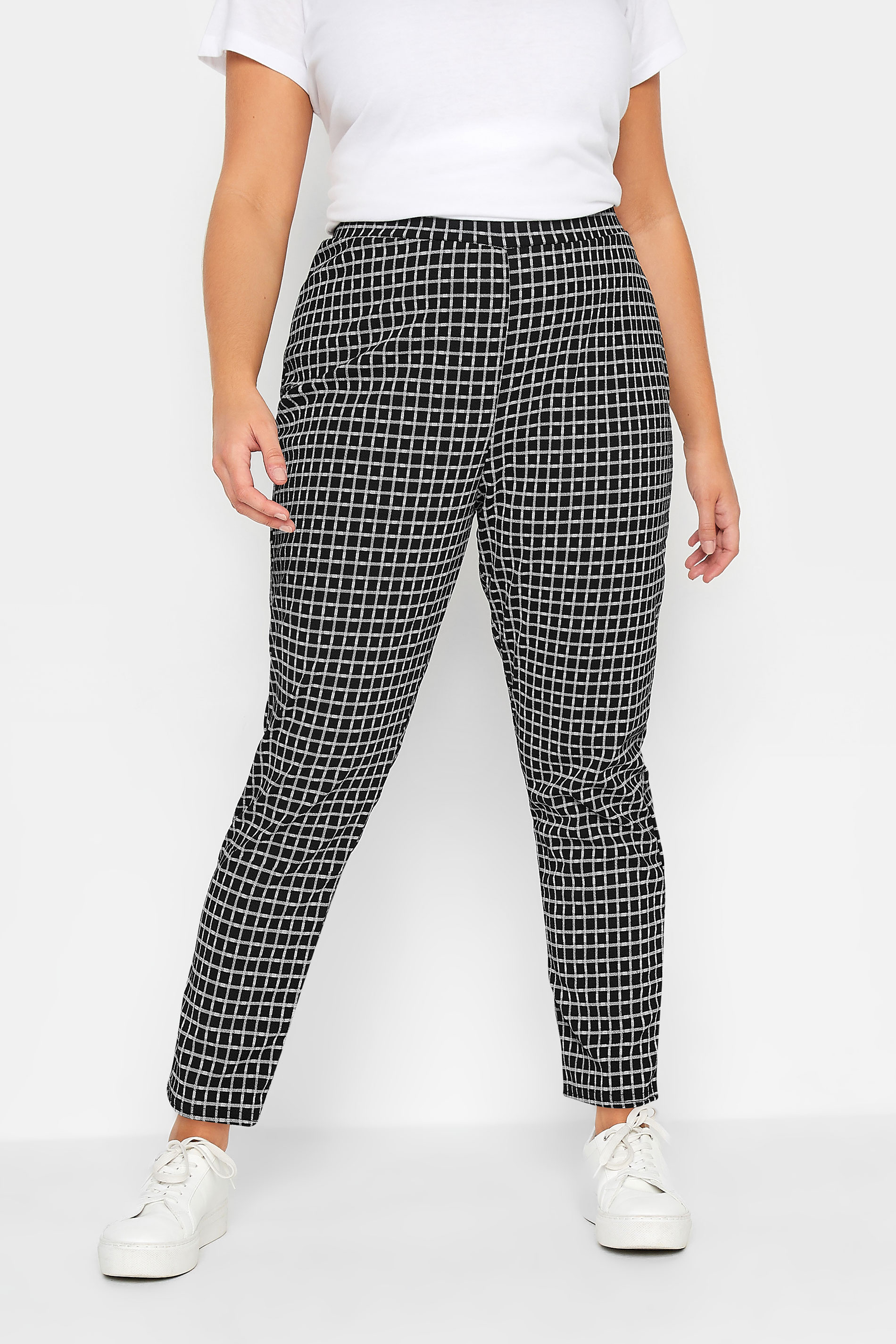 YOURS PETITE Plus Size Curve Black Check Textured Stretch Slim Leg Trousers | Yours Clothing  1