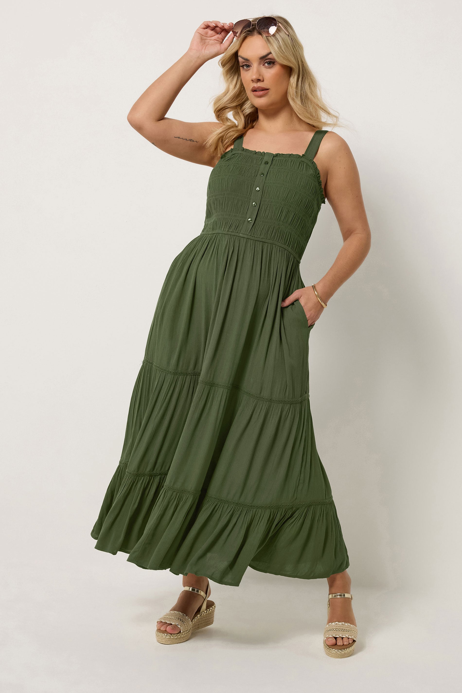 YOURS Plus Size Olive Green Shirred Placket Dress | Yours Clothing 3
