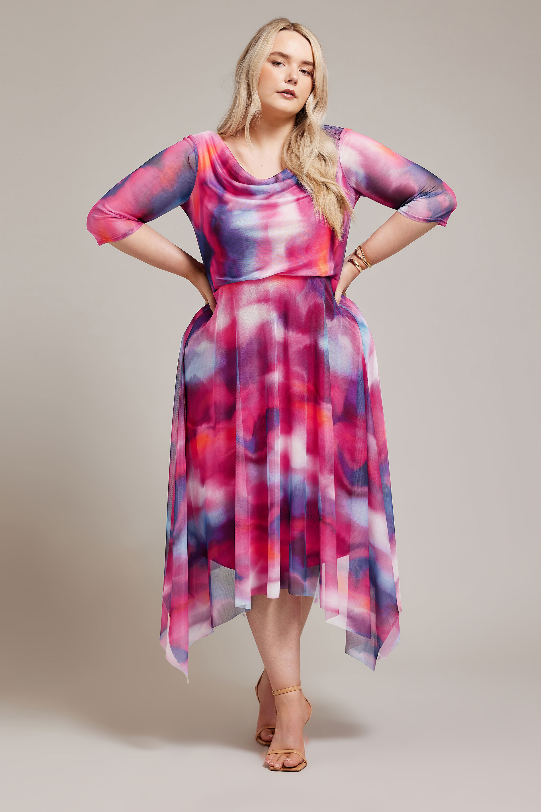 YOURS LONDON Plus Size Pink Cowl Neck Mesh Midi Dress | Yours Clothing 3