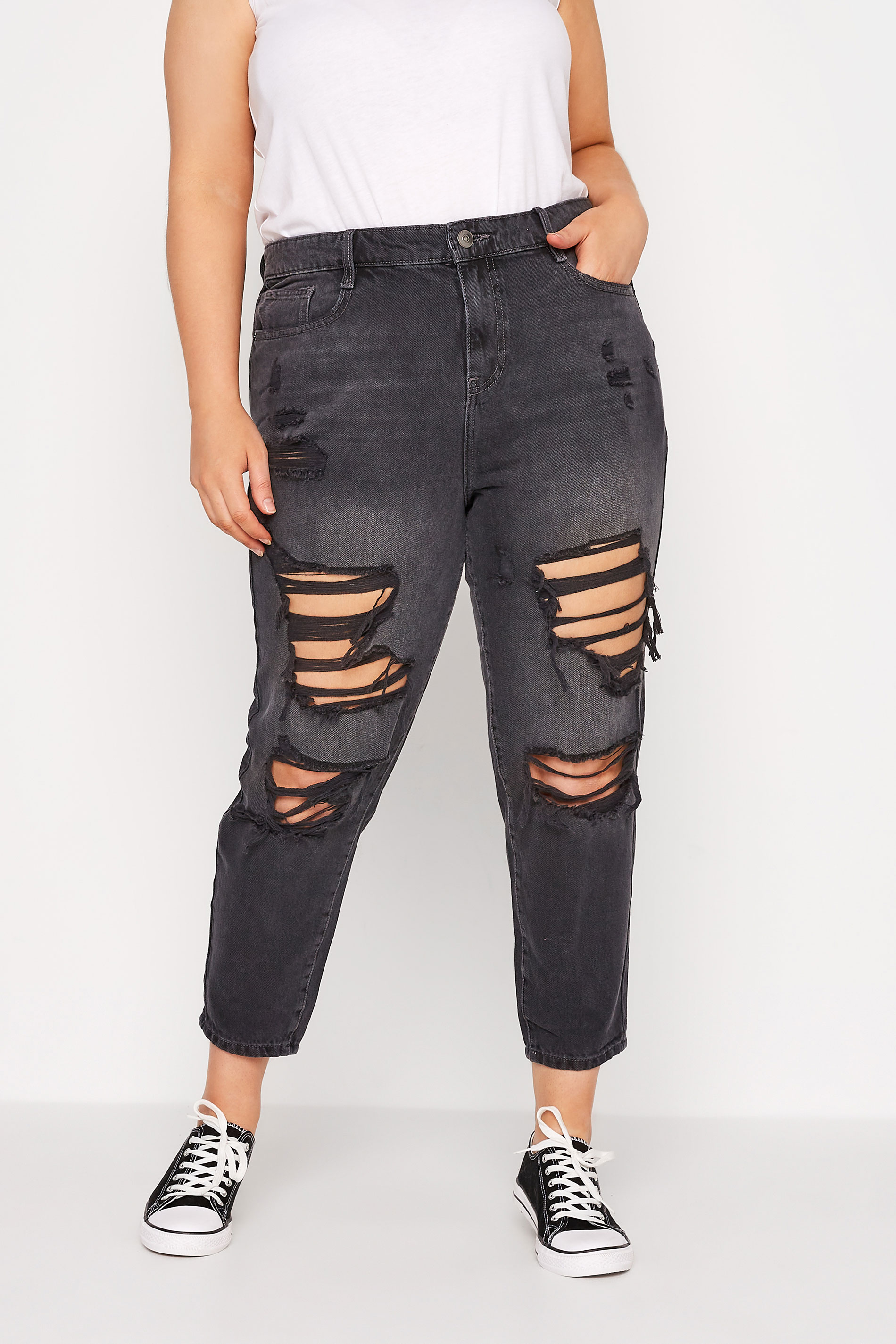 YOURS FOR GOOD Curve Black Extreme Distressed MOM Jeans 1