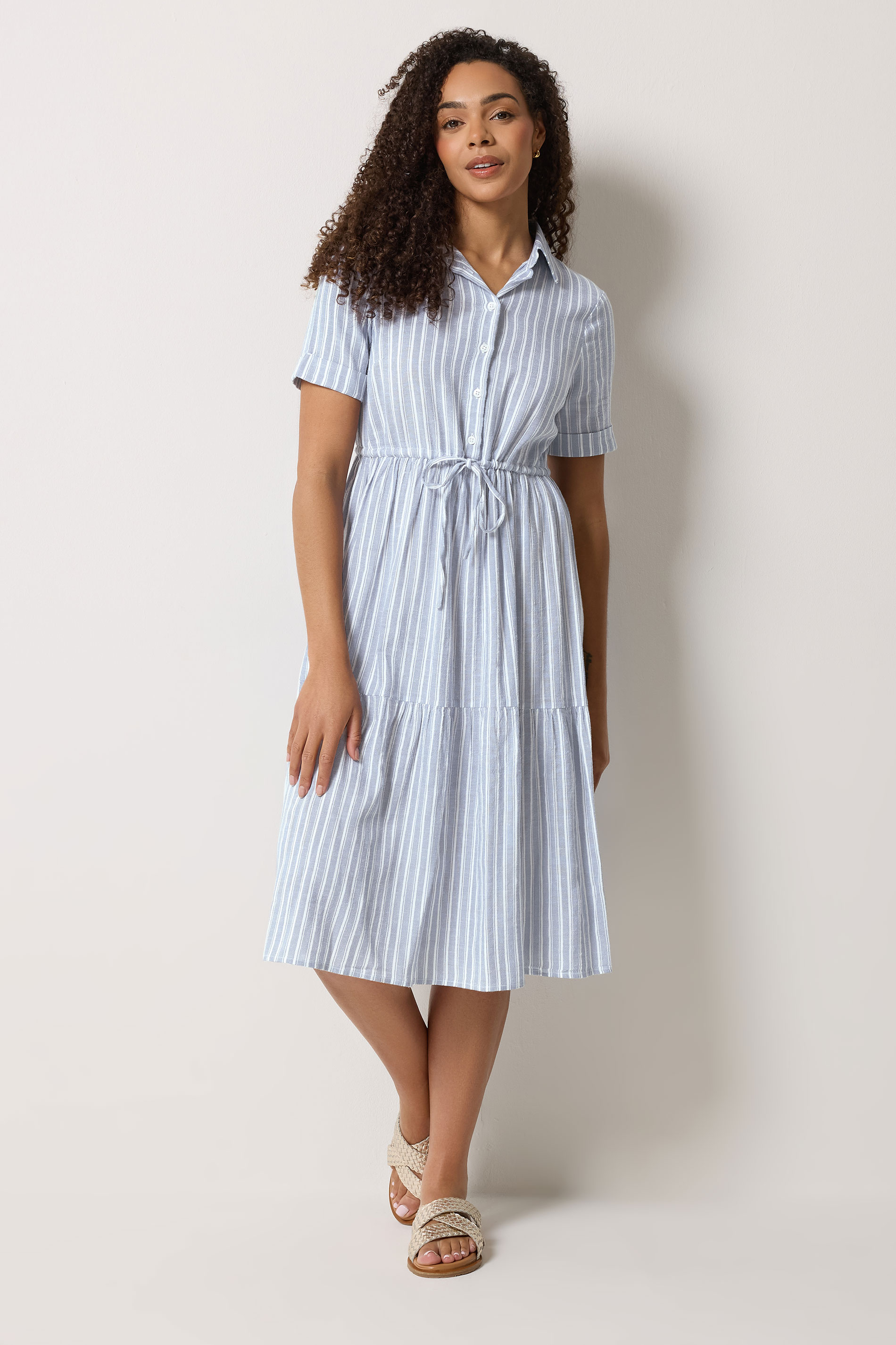 M&Co Blue Stripe Tie Waist Cotton Shirt Dress | M&Co 3