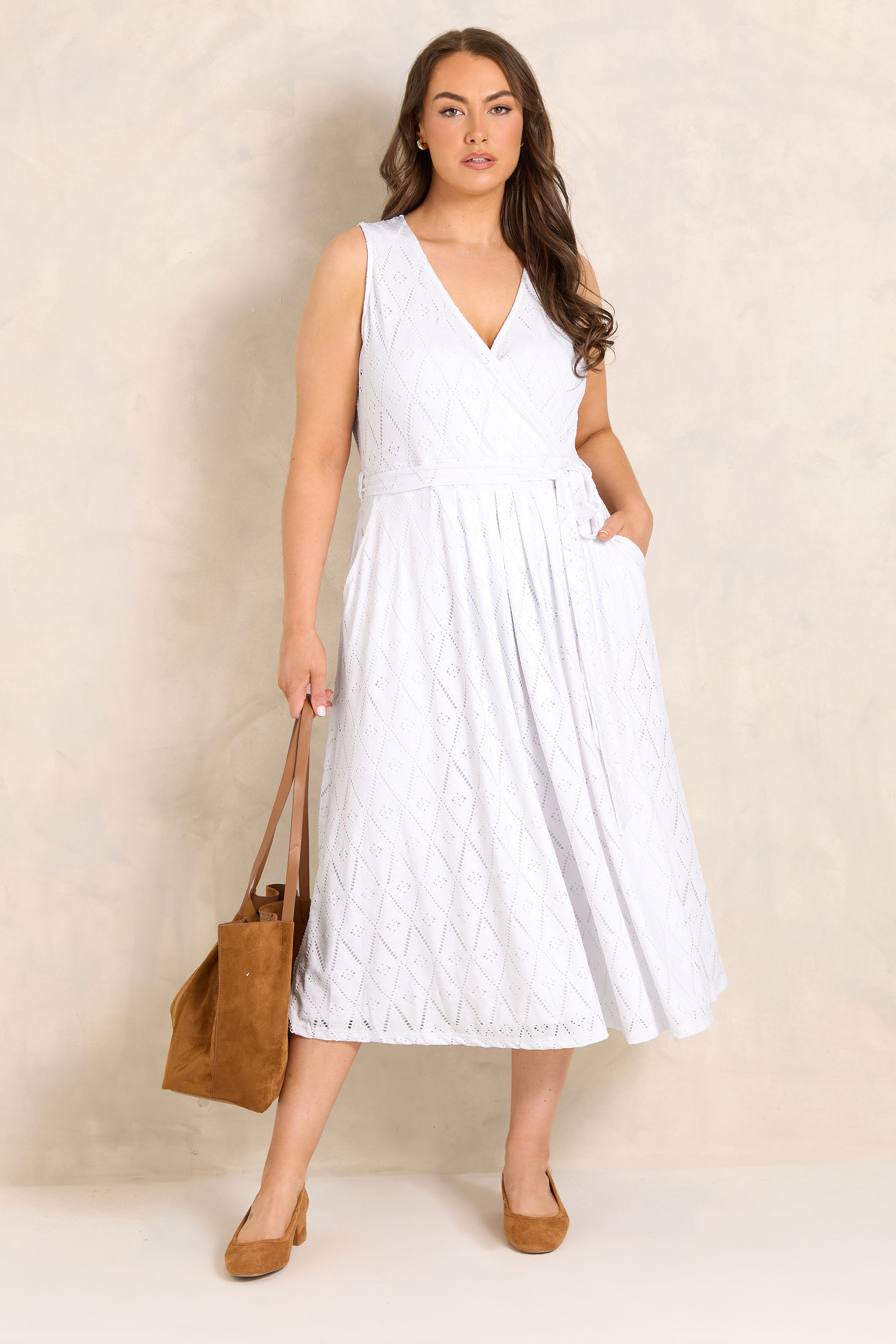 EVANS Plus Size White Broderie Wrap Midi Dress | Evans 1