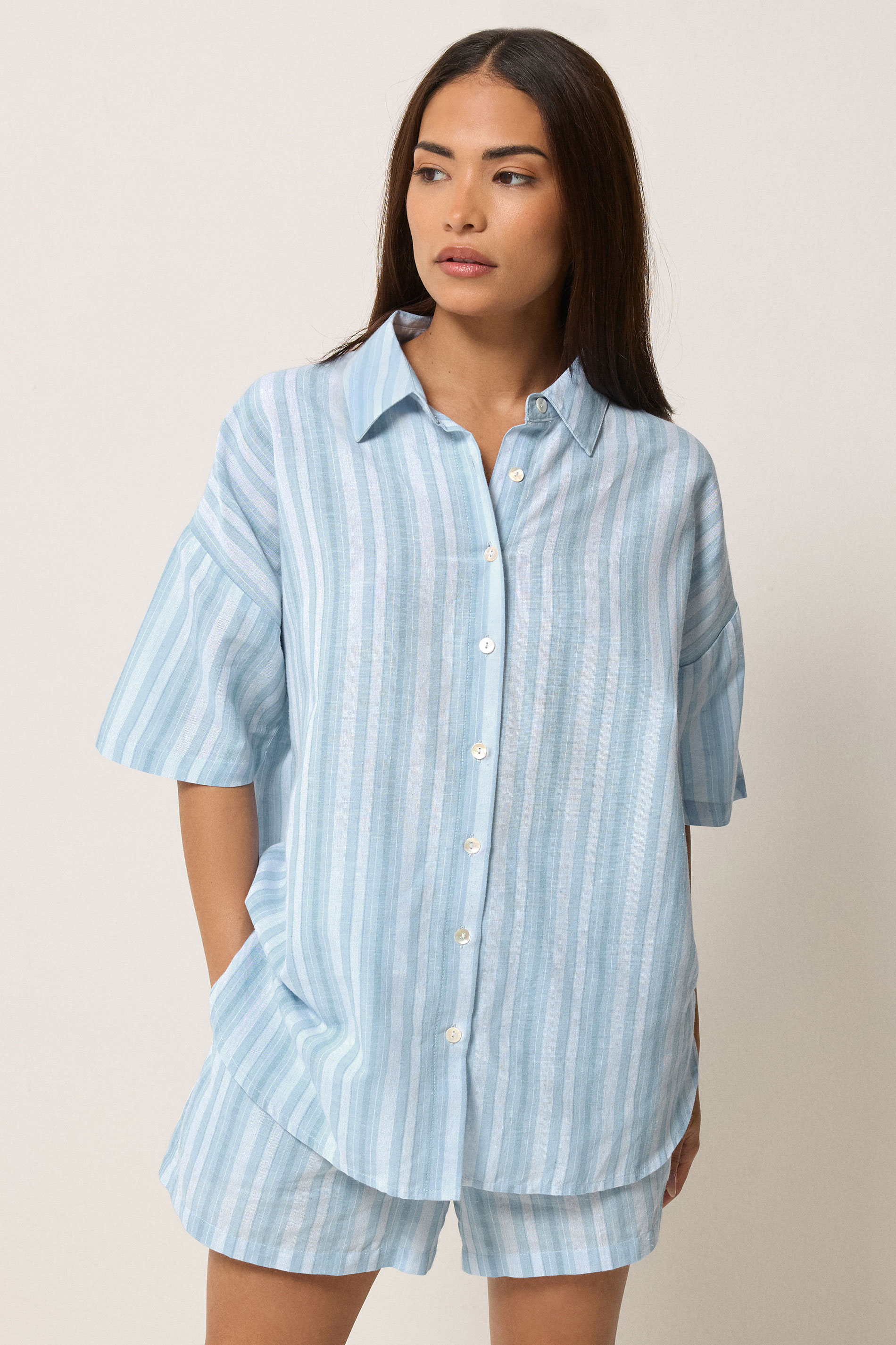 PixieGirl Petite Women's Blue Stripe Cotton Short Sleeve Shirt | PixieGirl 3