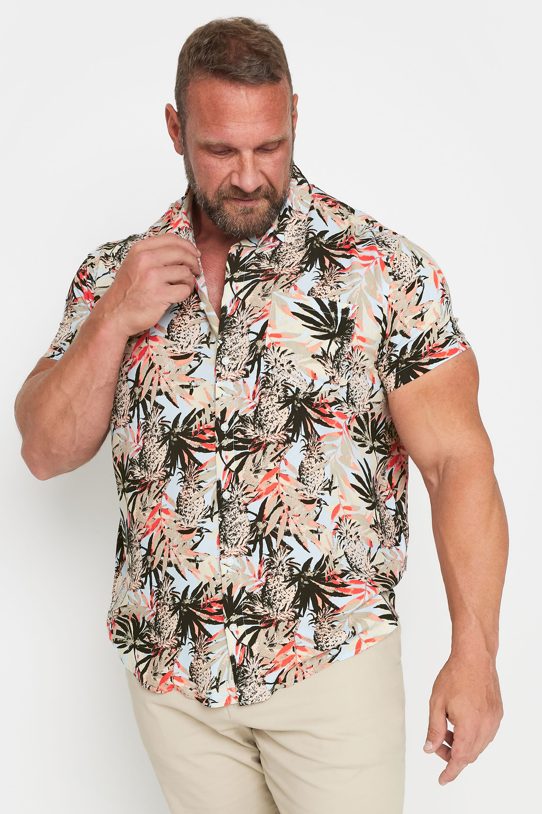 BLEND Big & Tall Brown Tropical Print Short Sleeve Shirt | BadRhino 1
