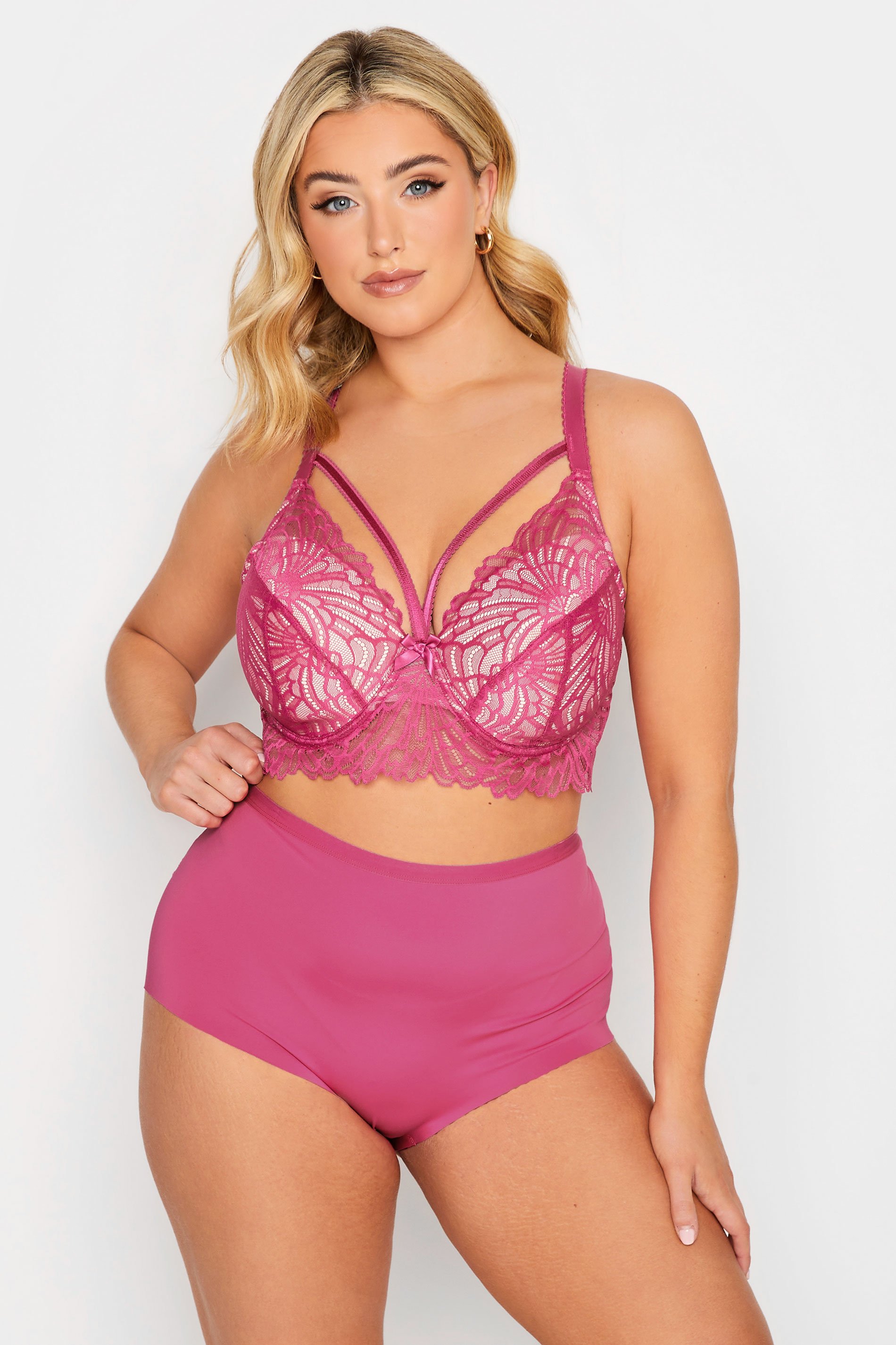 Plus Size Pink Lace Strap Detail Padded Underwired Longline Bra Yours