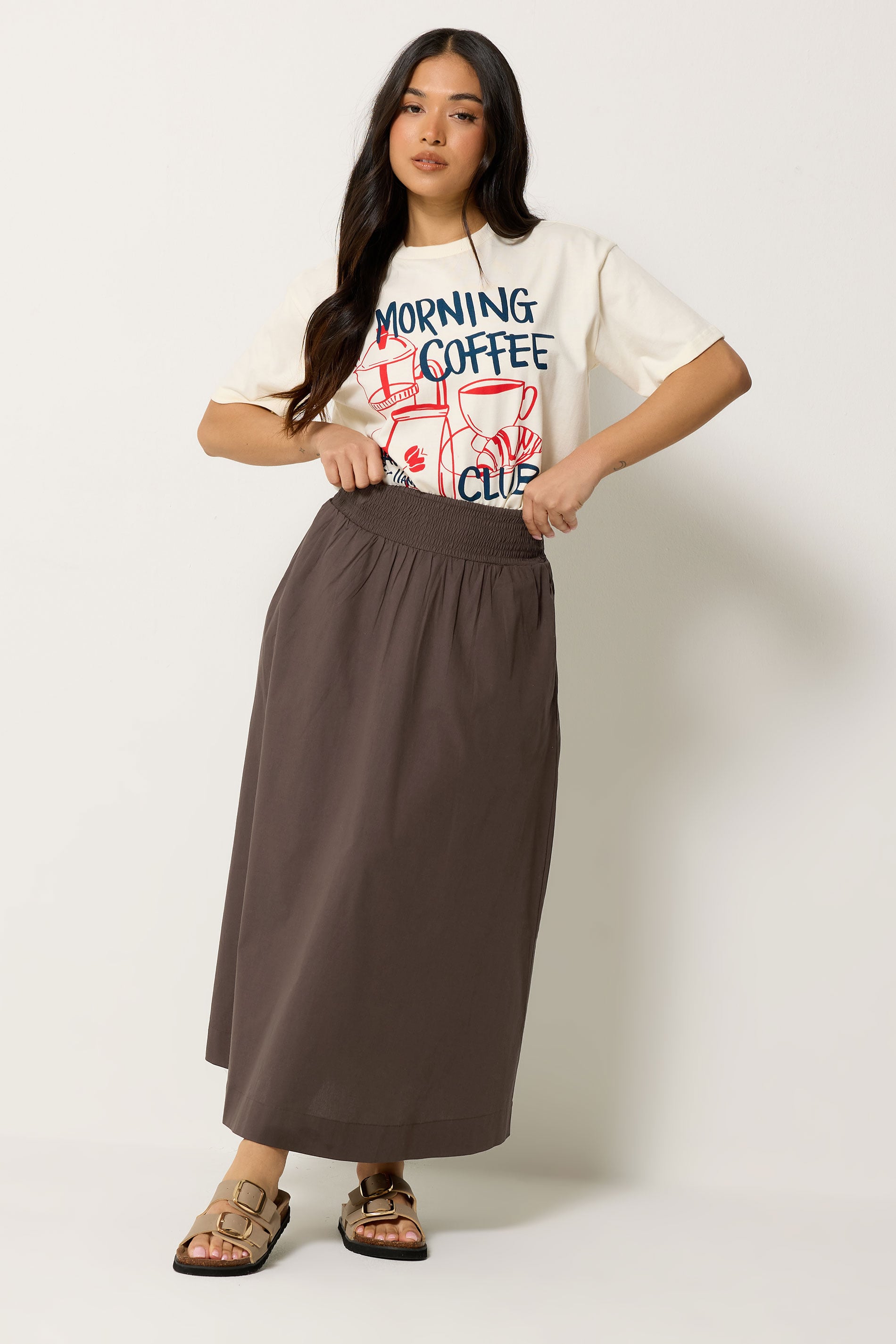 PixieGirl Petite Women's Chocolate Brown Poplin Shirred Cotton Maxi Skirt | PixieGirl 3